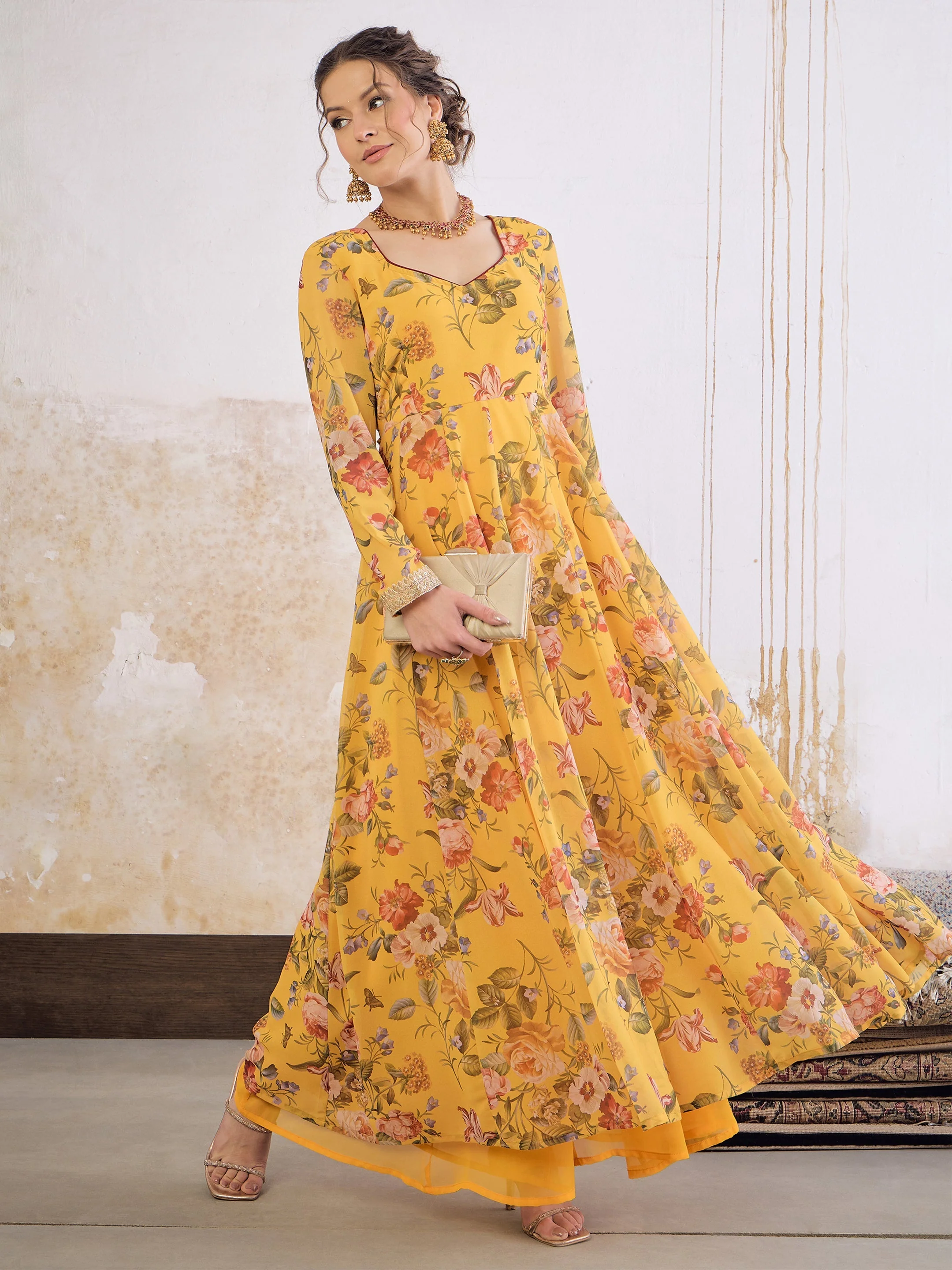 Women Yellow Floral Sweetheart Neck Anarkali Kurta - Image 2