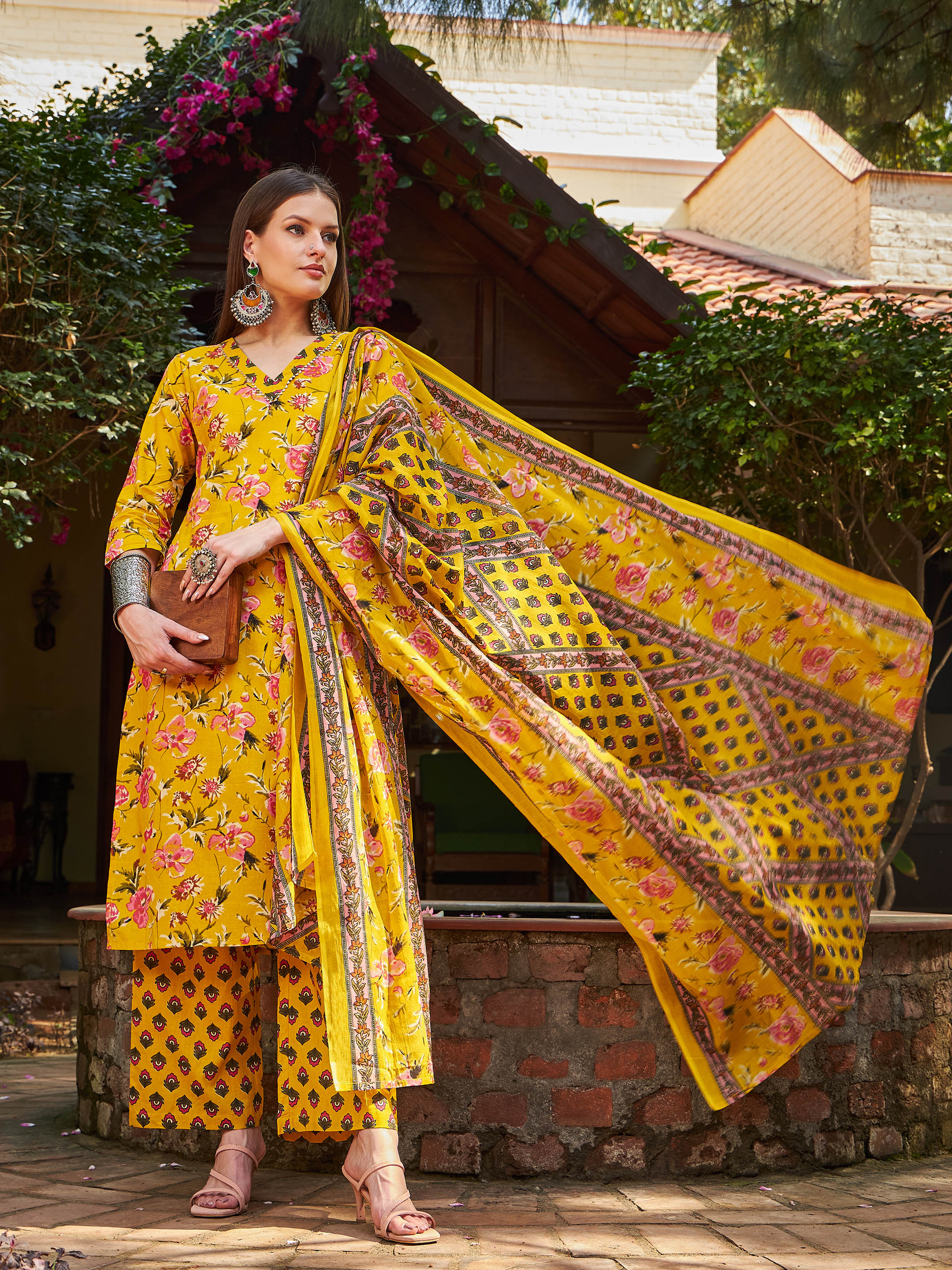 Women Yellow Floral V Neck Kurta With Pencil Pants & Dupatta - Image 2