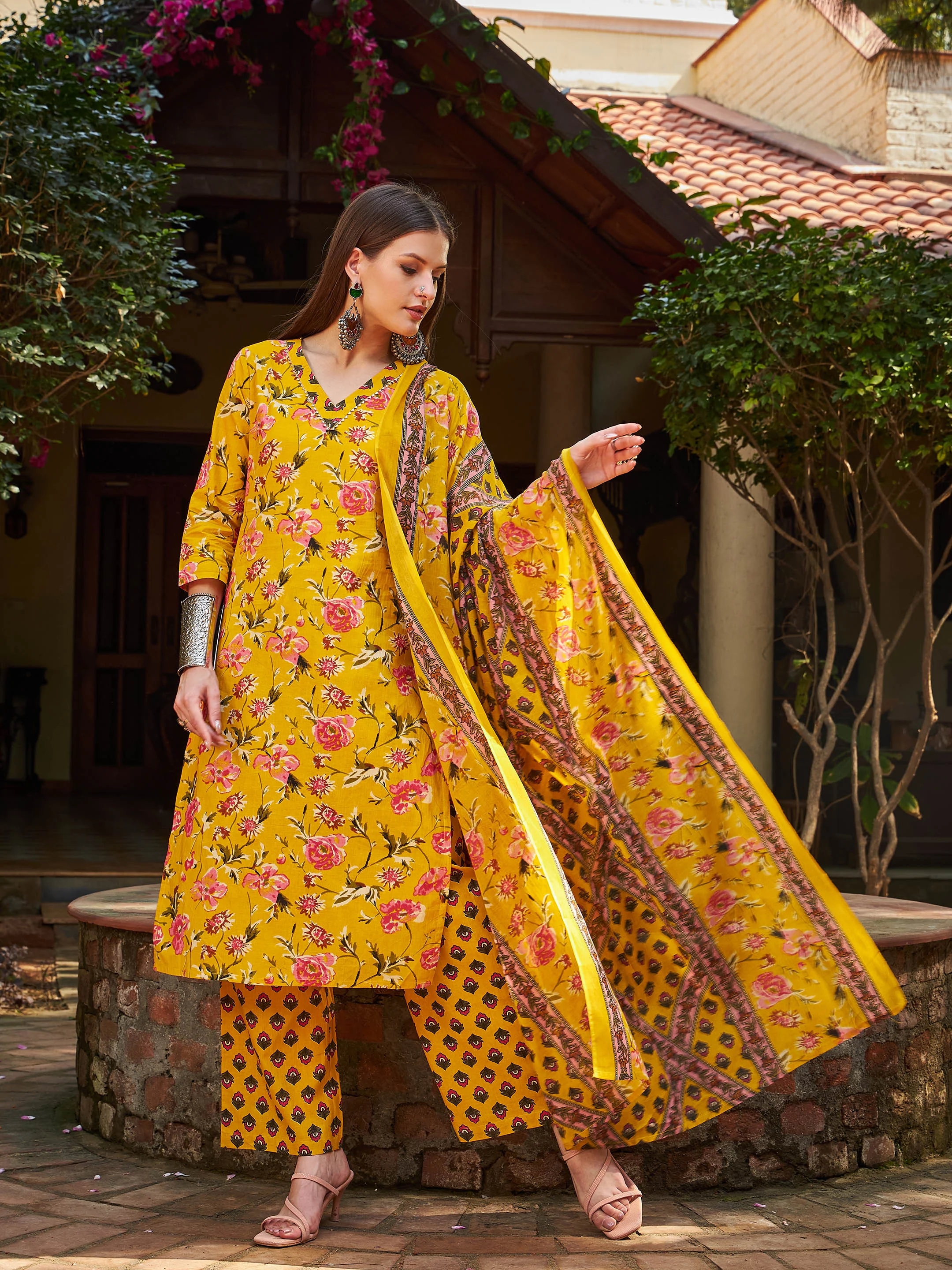 Women Yellow Floral V Neck Kurta With Pencil Pants & Dupatta - Image 3