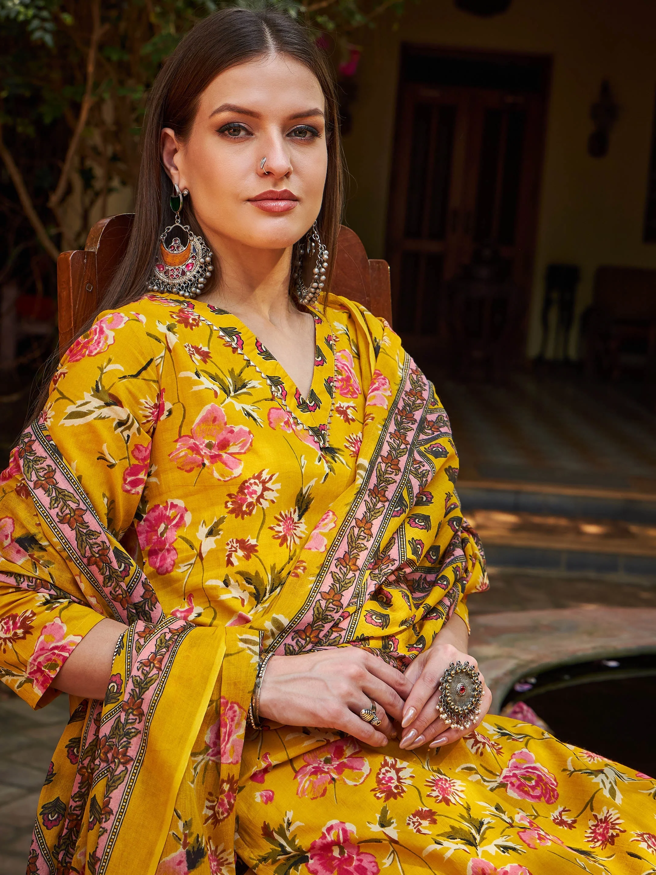 Women Yellow Floral V Neck Kurta With Pencil Pants & Dupatta - Image 4