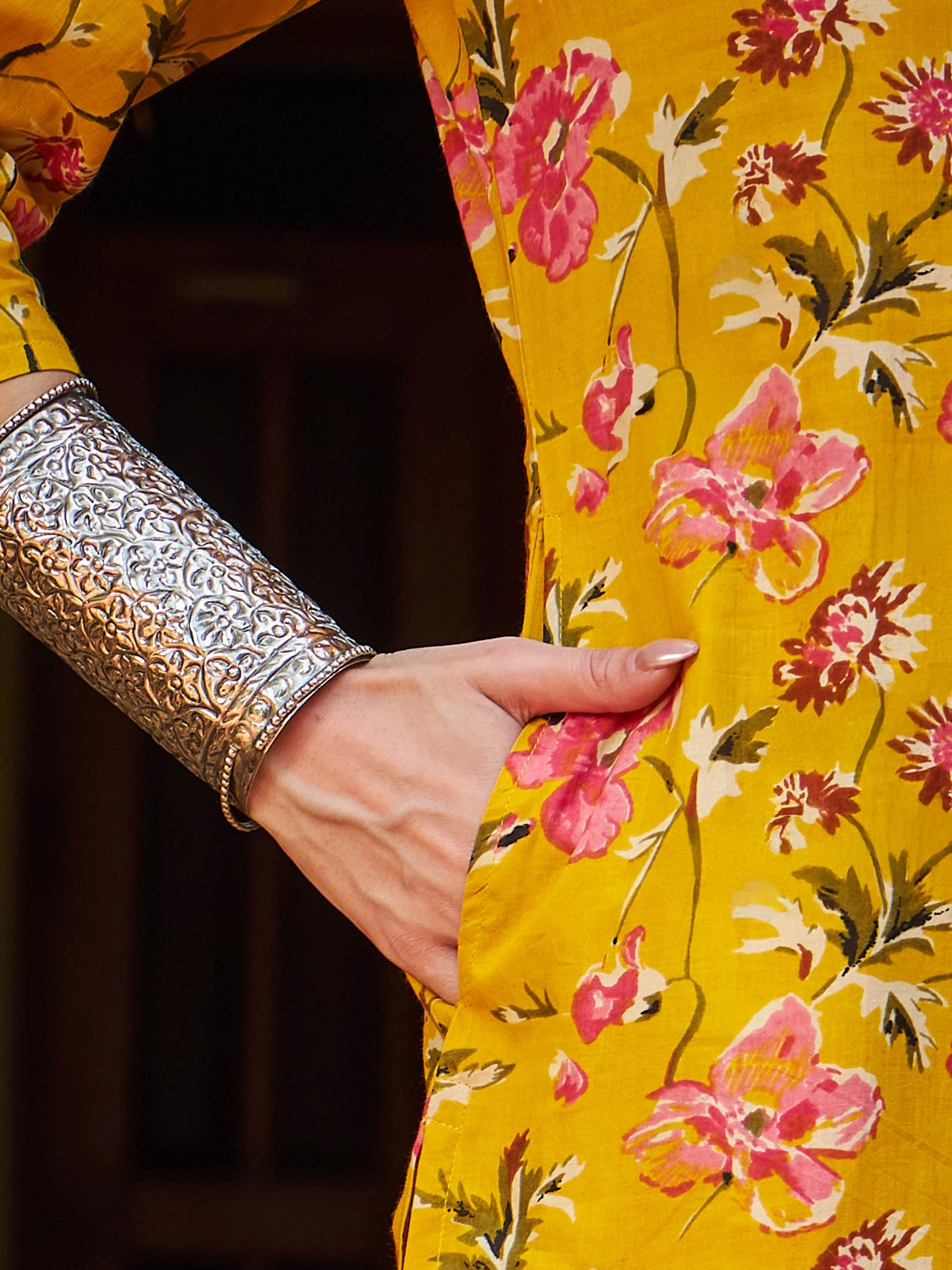 Women Yellow Floral V Neck Kurta With Pencil Pants & Dupatta - Image 5