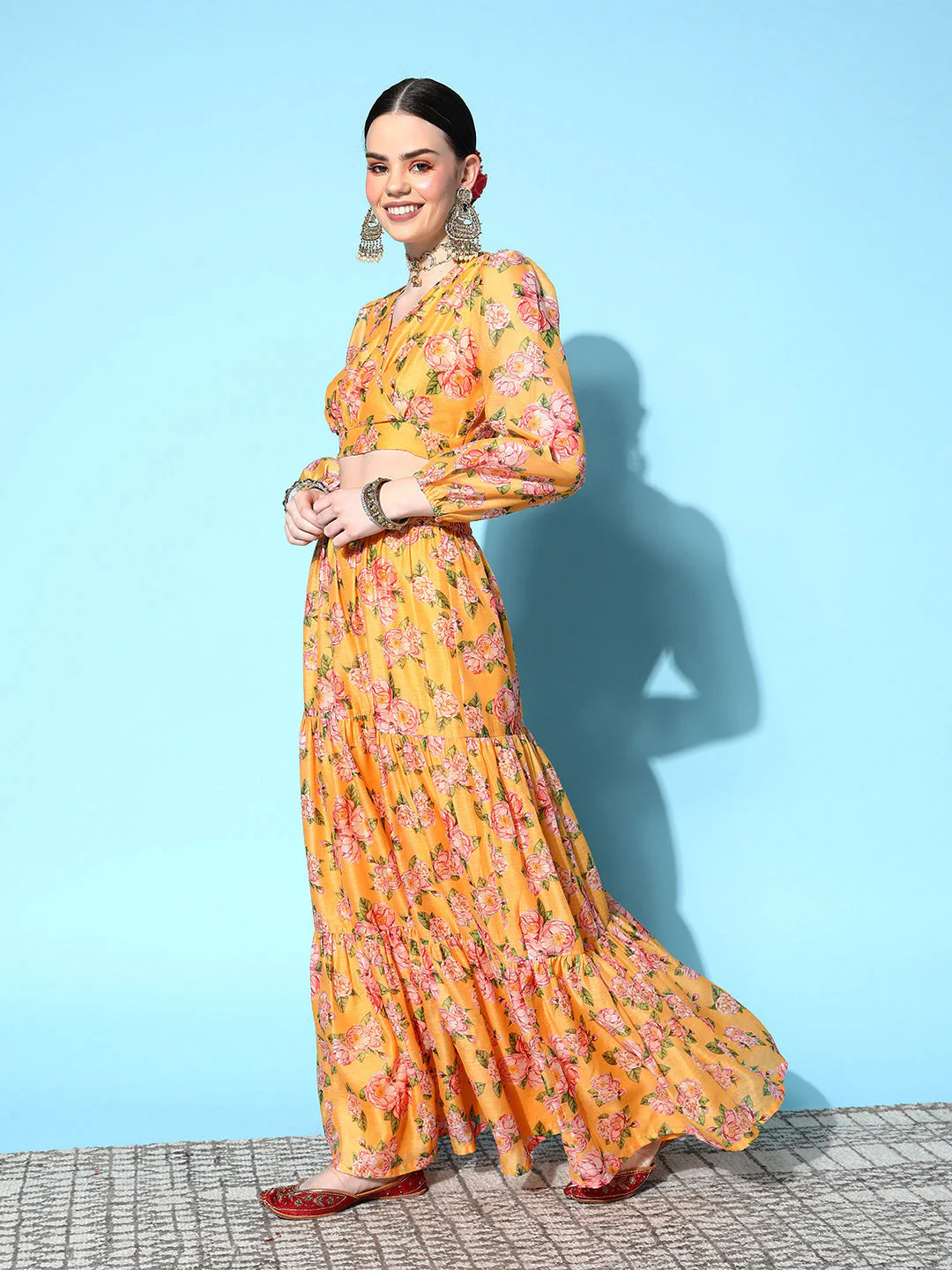 Women Yellow Floral Wrap Crop Top With Tiered Skirt - Image 3