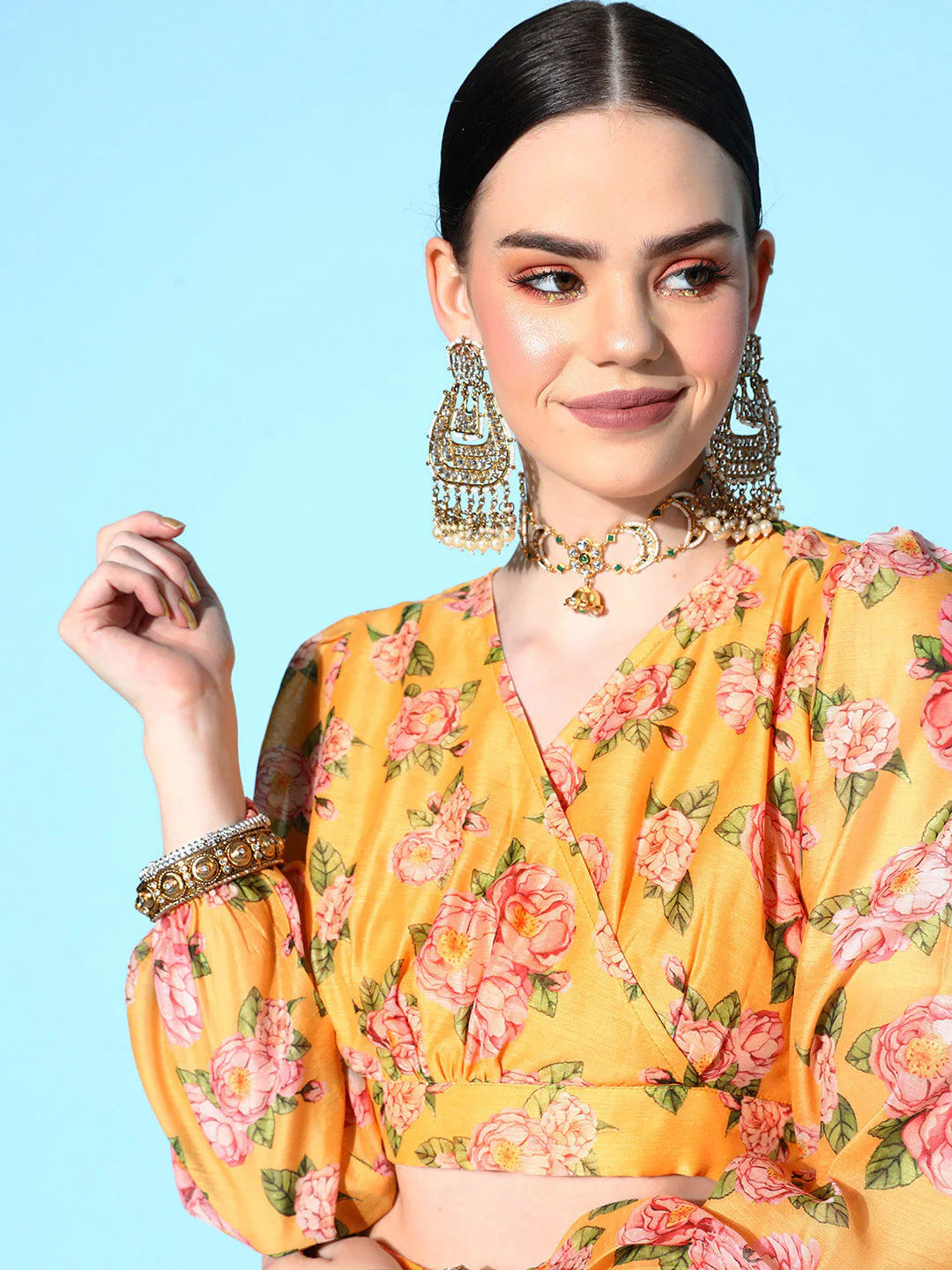 Women Yellow Floral Wrap Crop Top With Tiered Skirt - Image 4