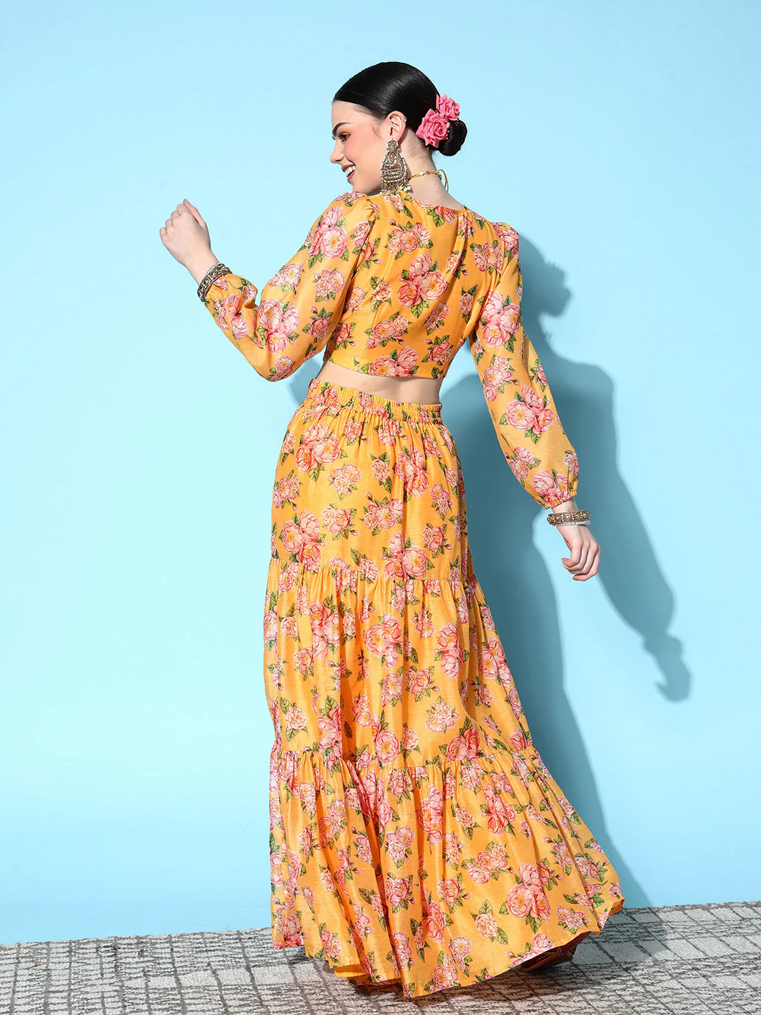Women Yellow Floral Wrap Crop Top With Tiered Skirt - Image 5