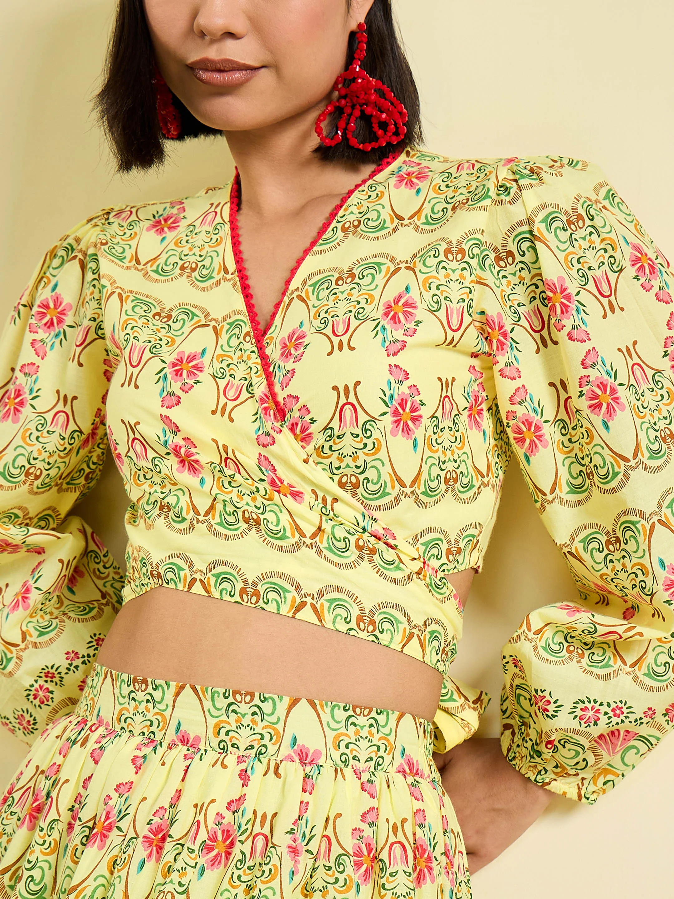 Women Yellow Floral Wrap Top With Tiered Skirt - Image 2