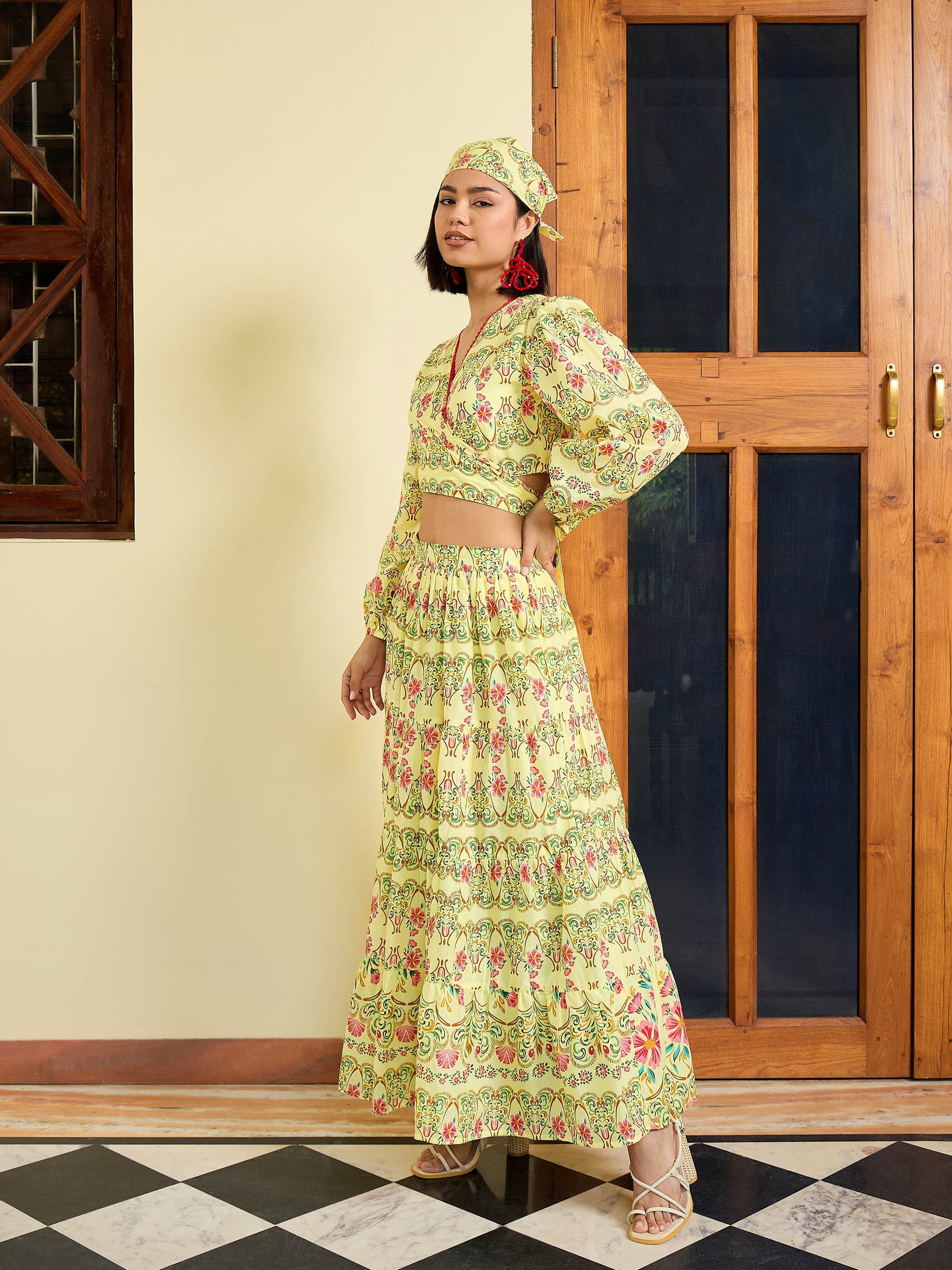 Women Yellow Floral Wrap Top With Tiered Skirt - Image 3