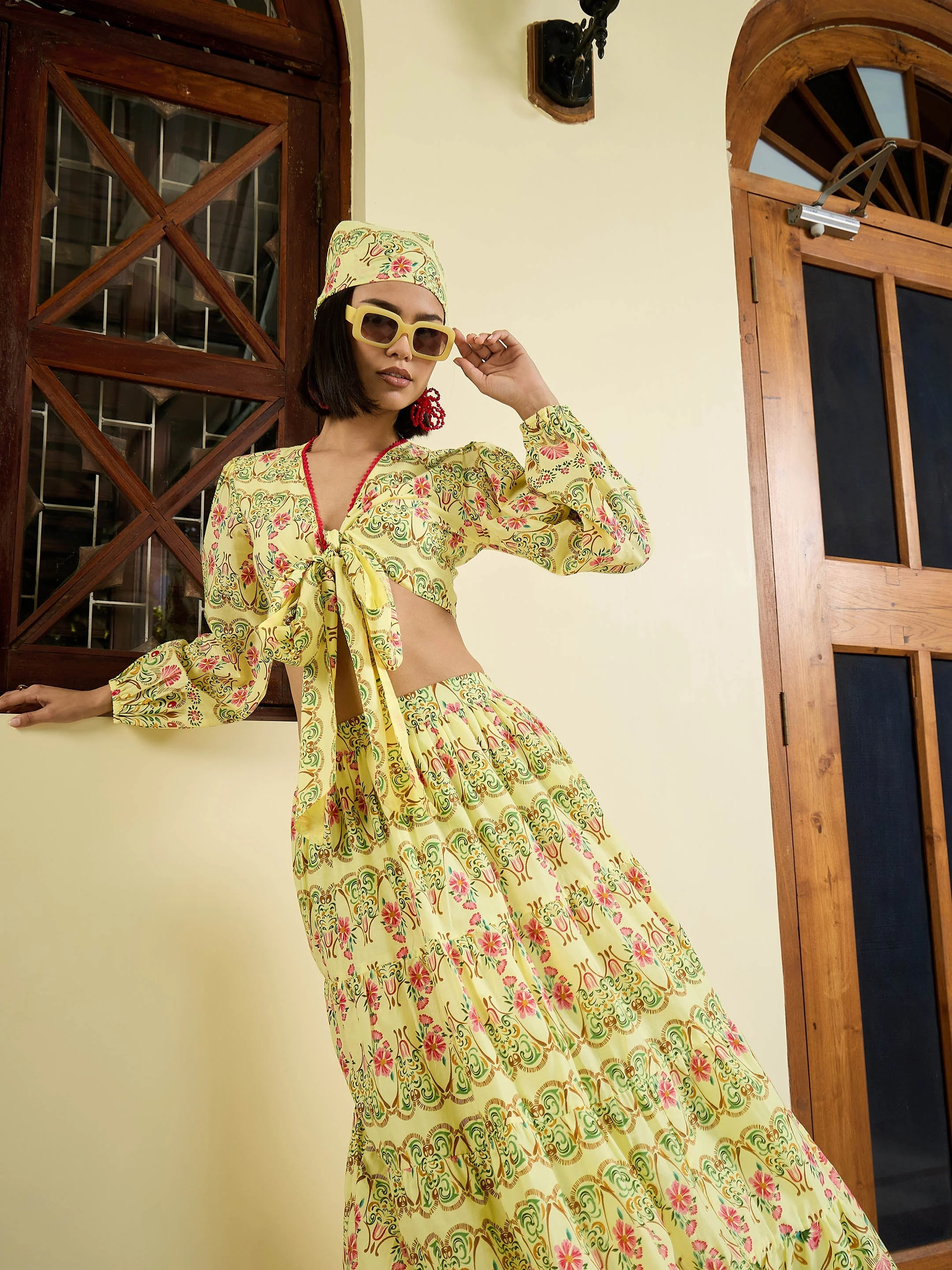 Women Yellow Floral Wrap Top With Tiered Skirt - Image 4