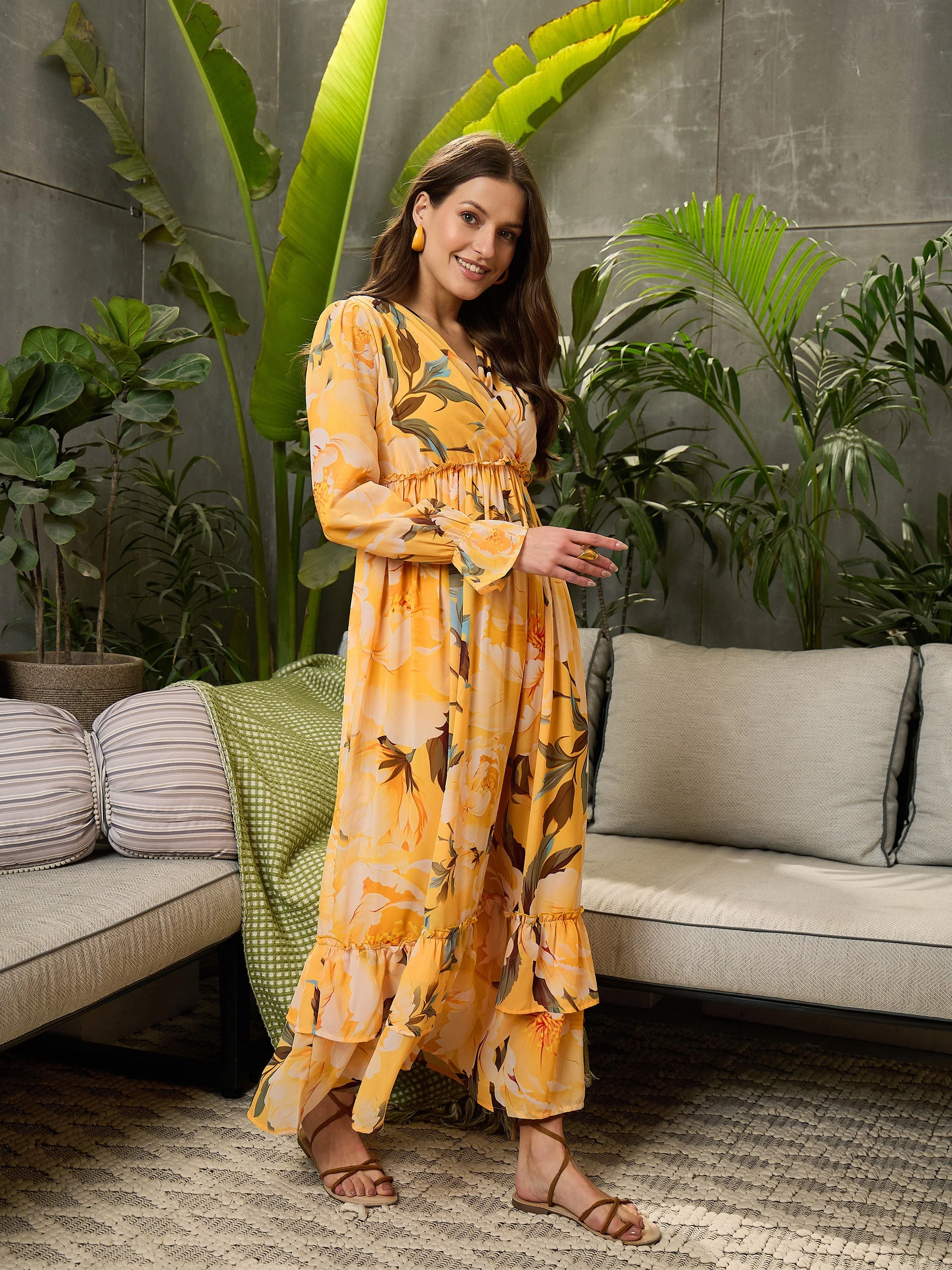 Women Yellow Floral Wrap V-Neck Maxi Dress - Image 3
