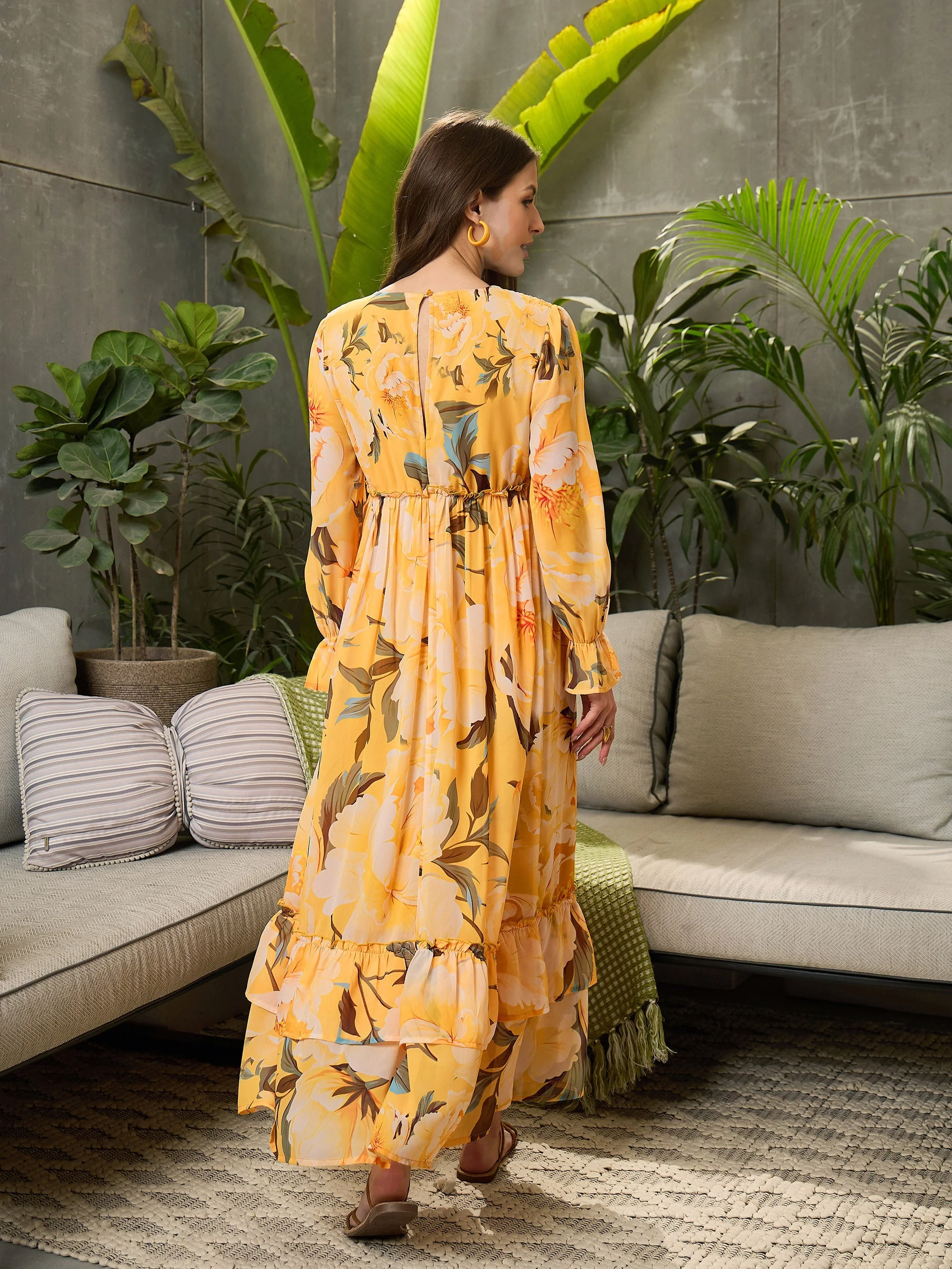 Women Yellow Floral Wrap V-Neck Maxi Dress - Image 5