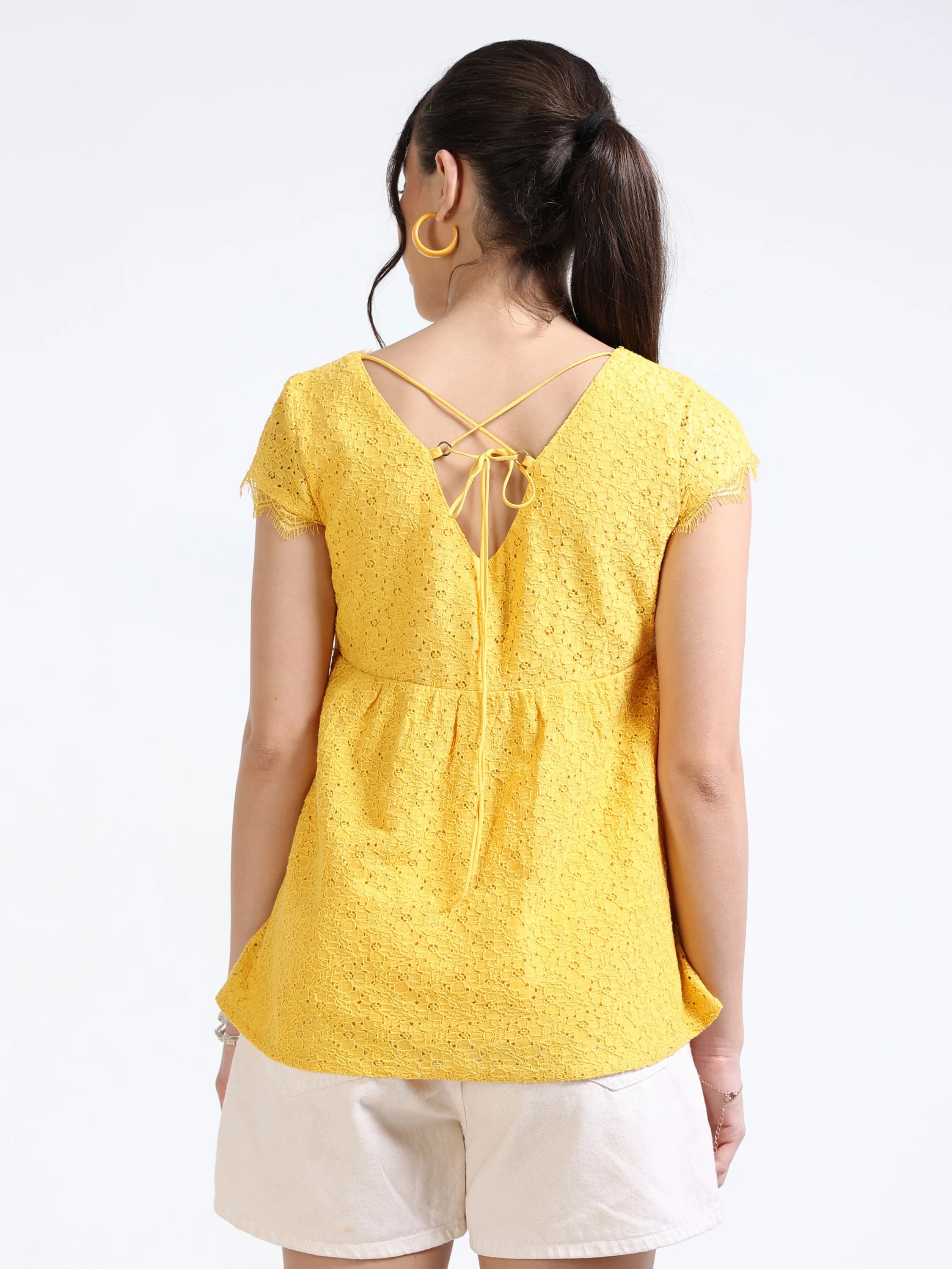 Women Yellow Mesh Peplum Top - Image 3