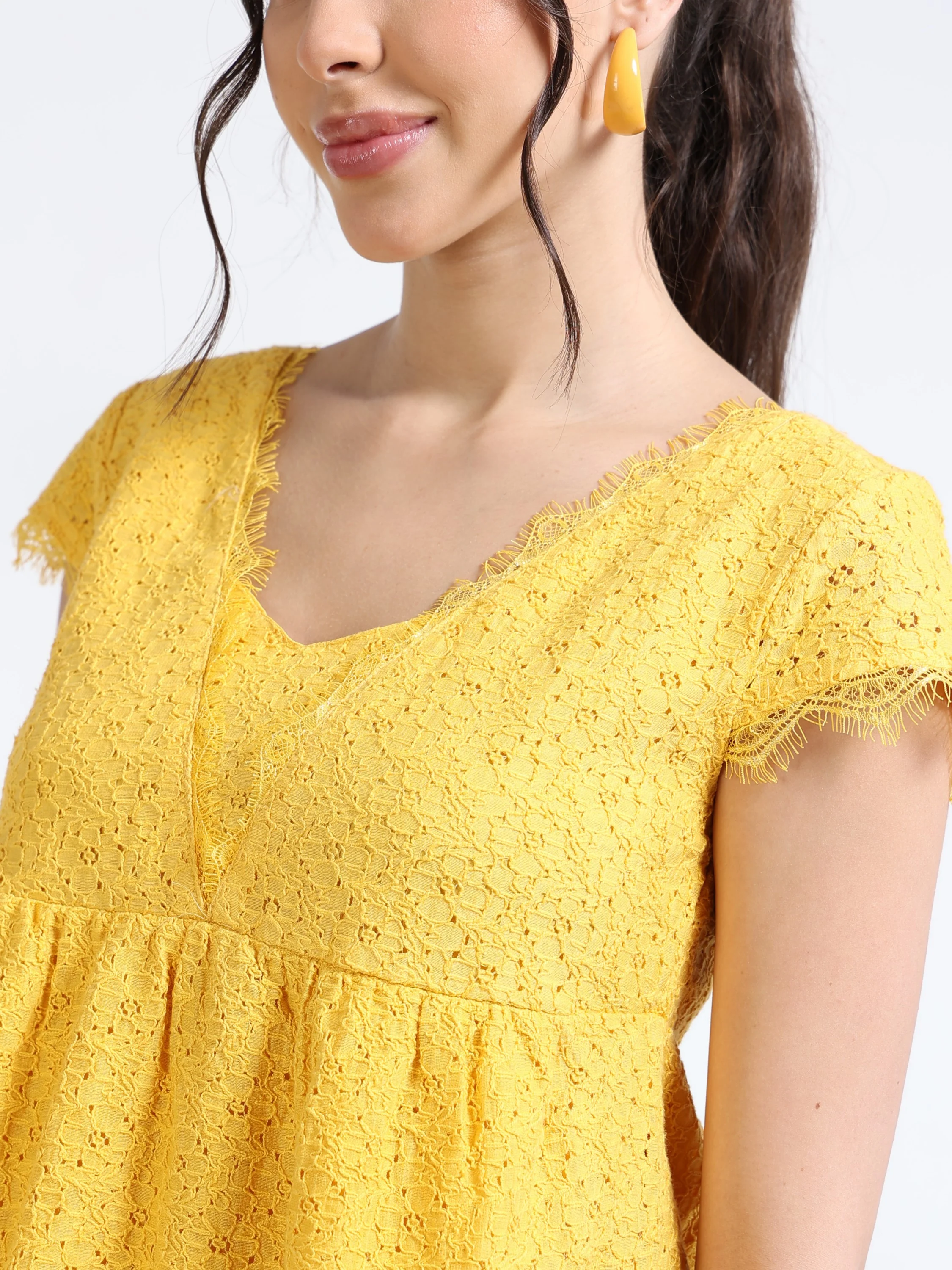 Women Yellow Mesh Peplum Top - Image 4