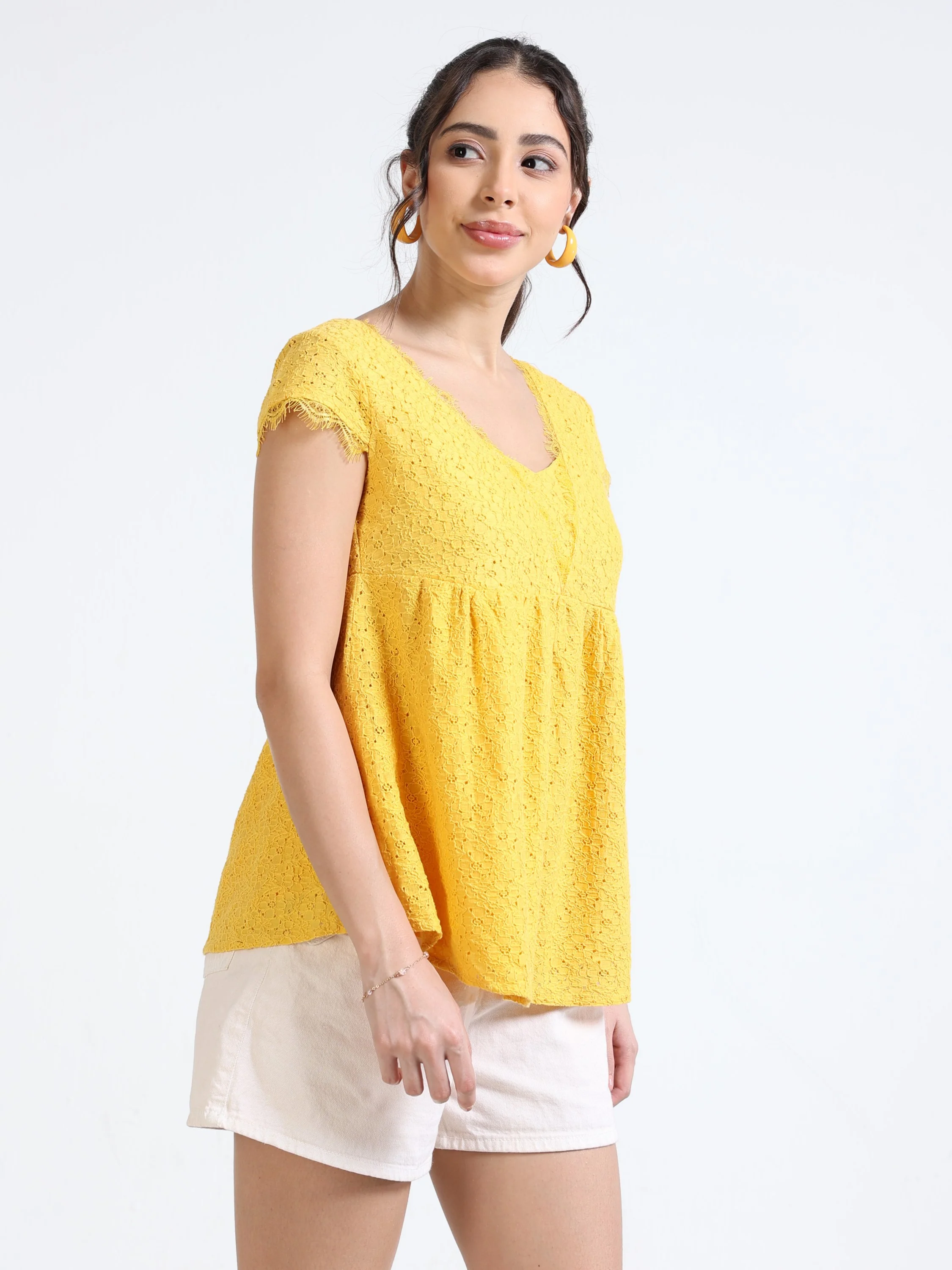 Women Yellow Mesh Peplum Top - Image 6