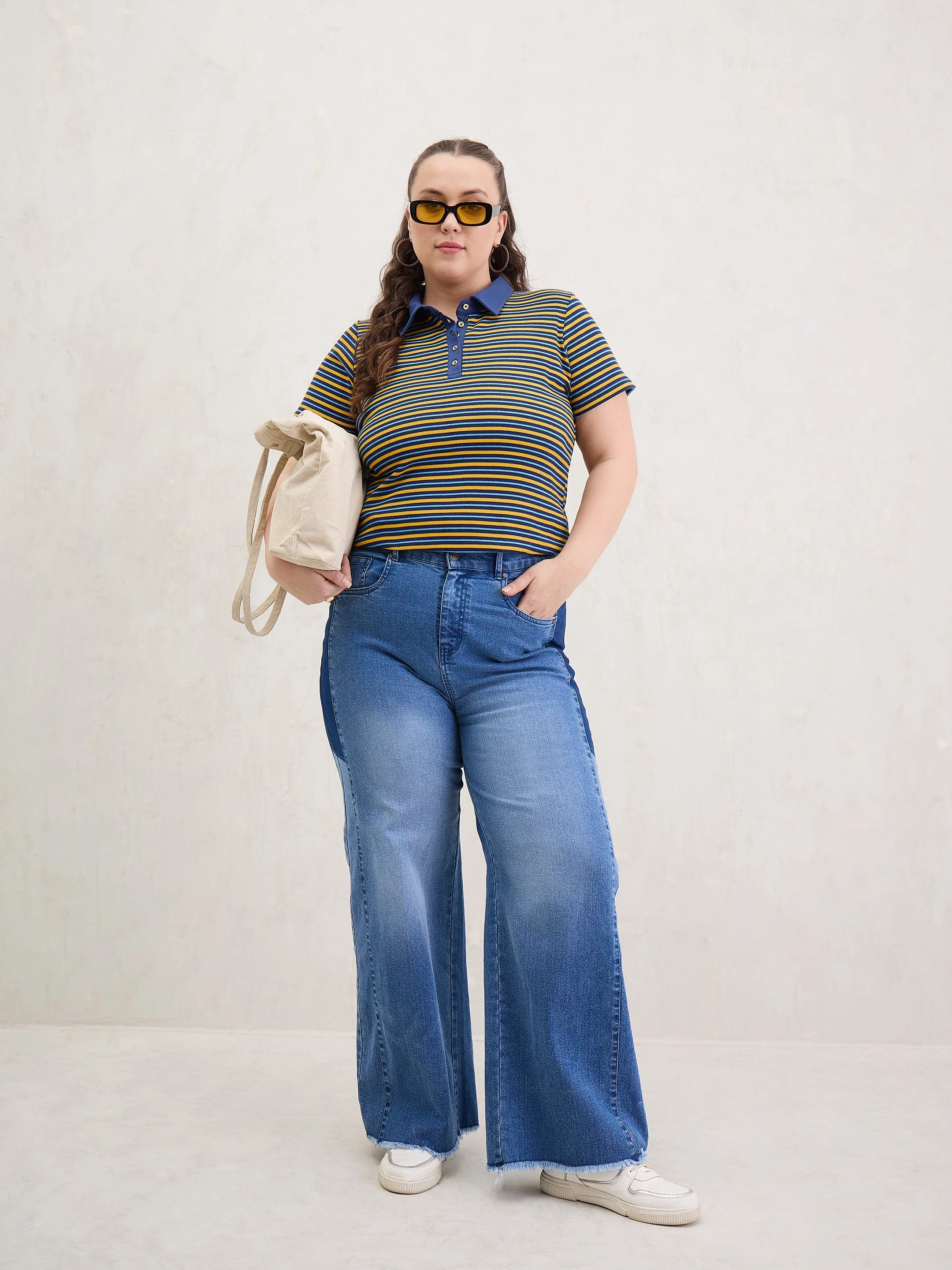 Women Yellow & Navy Rib Stripe Polo Neck Top - Image 2