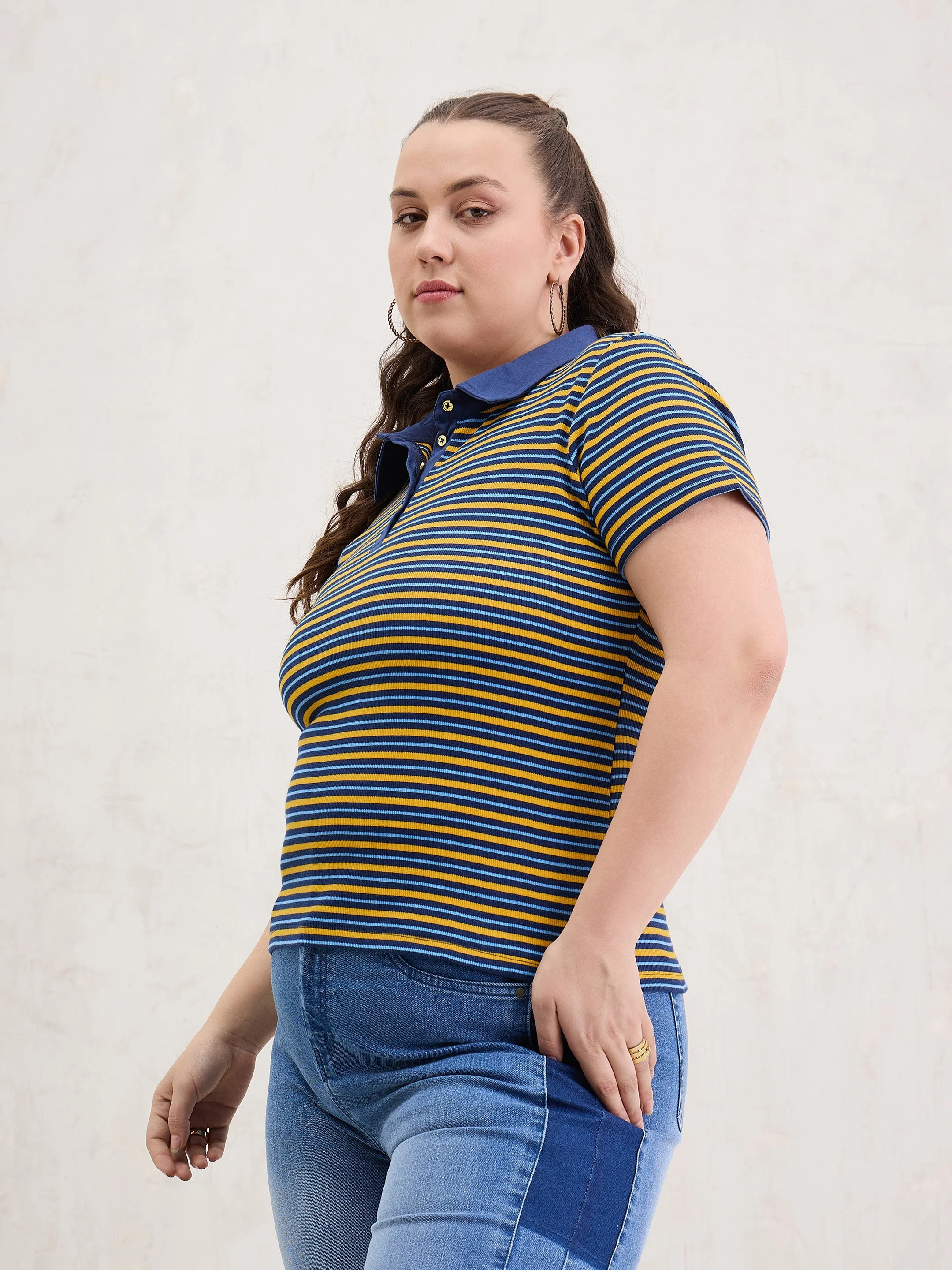Women Yellow & Navy Rib Stripe Polo Neck Top - Image 3