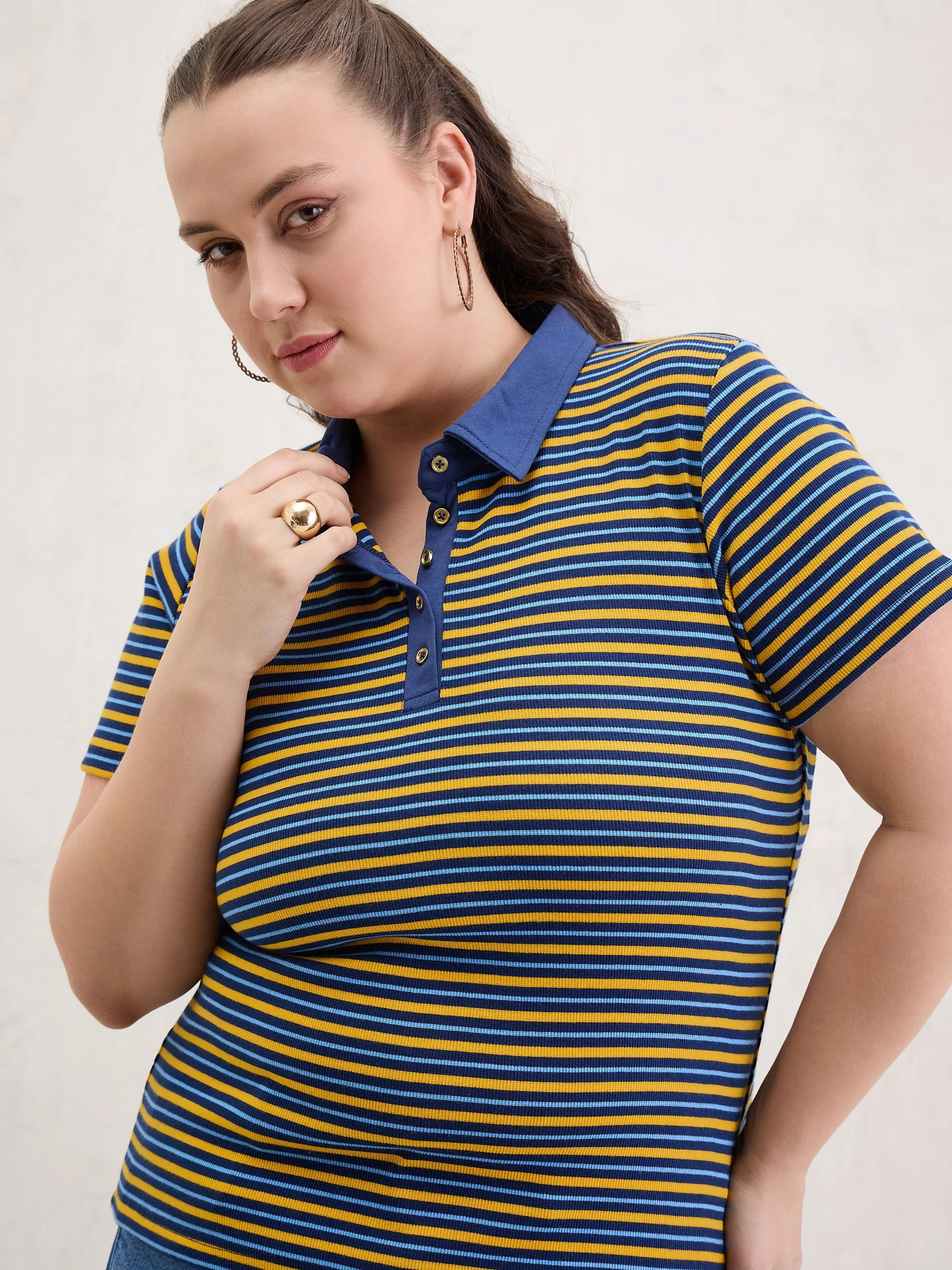 Women Yellow & Navy Rib Stripe Polo Neck Top - Image 4