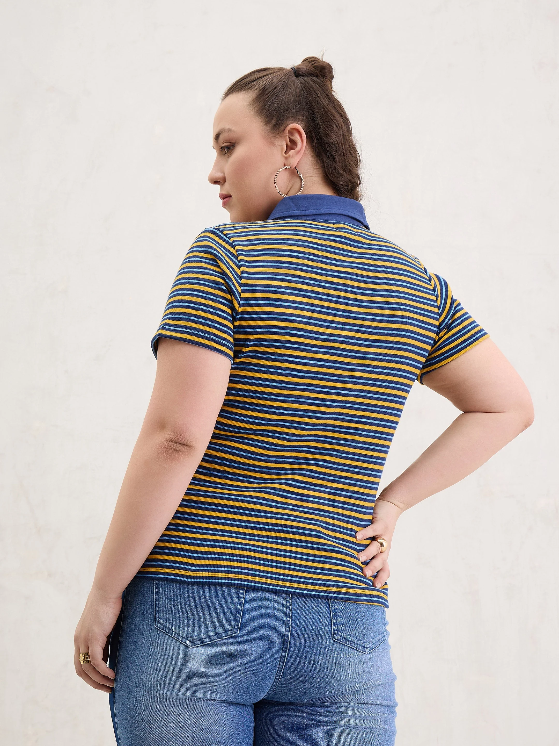 Women Yellow & Navy Rib Stripe Polo Neck Top - Image 5