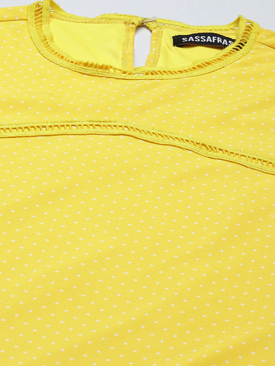 Women Yellow Pin Dot Frill Hem Dress - Image 2