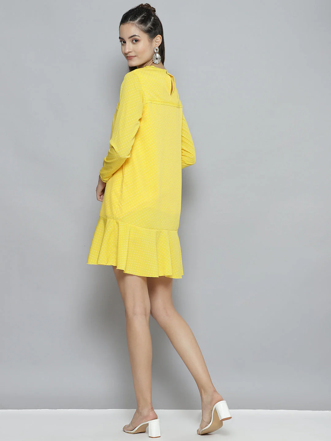 Women Yellow Pin Dot Frill Hem Dress - Image 4