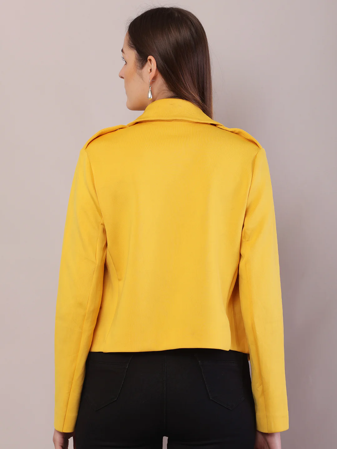 Women Yellow Polyester Lapel Collar Full Sleeve Jacket - Image 4
