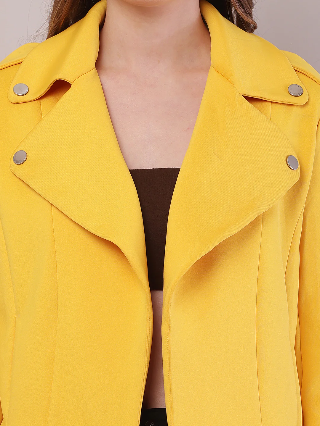 Women Yellow Polyester Lapel Collar Full Sleeve Jacket - Image 5