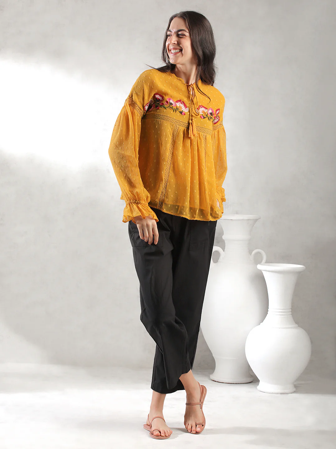 Women Mustard Self Design Textured Top - Image 2