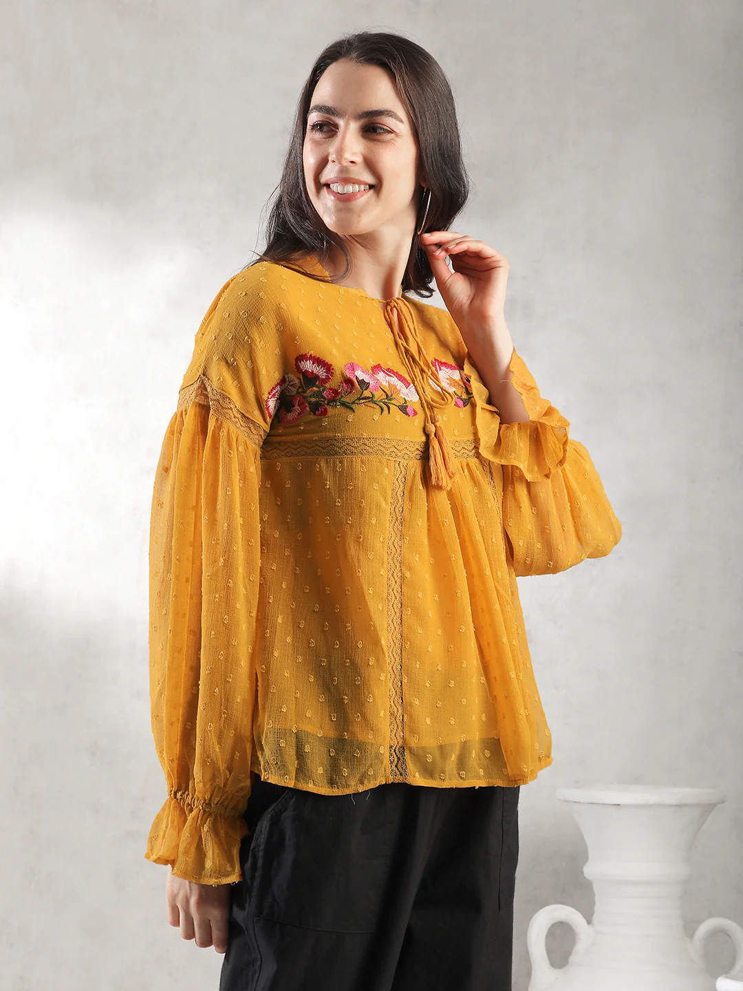 Women Mustard Self Design Textured Top - Image 3