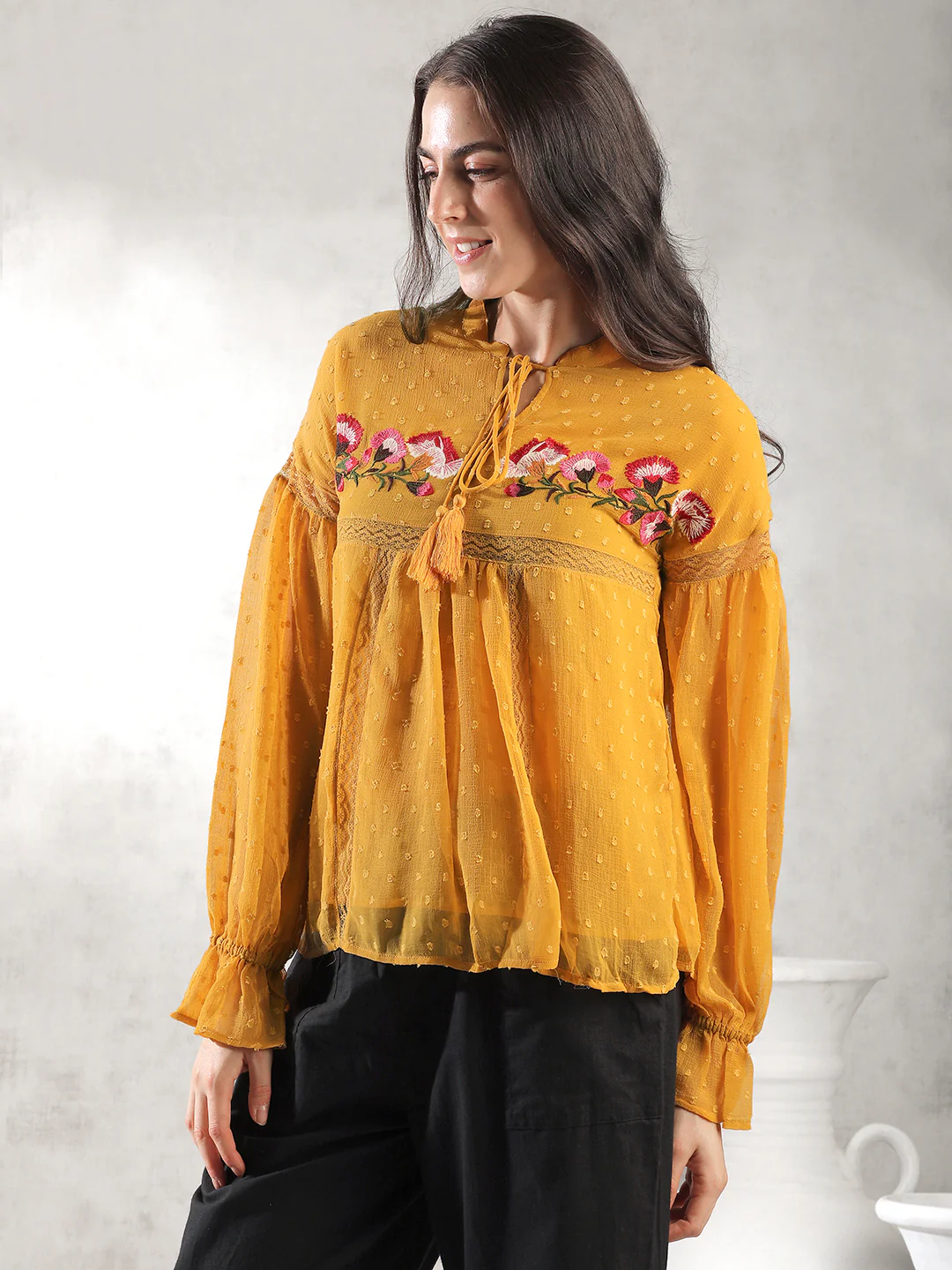 Women Mustard Self Design Textured Top - Image 5