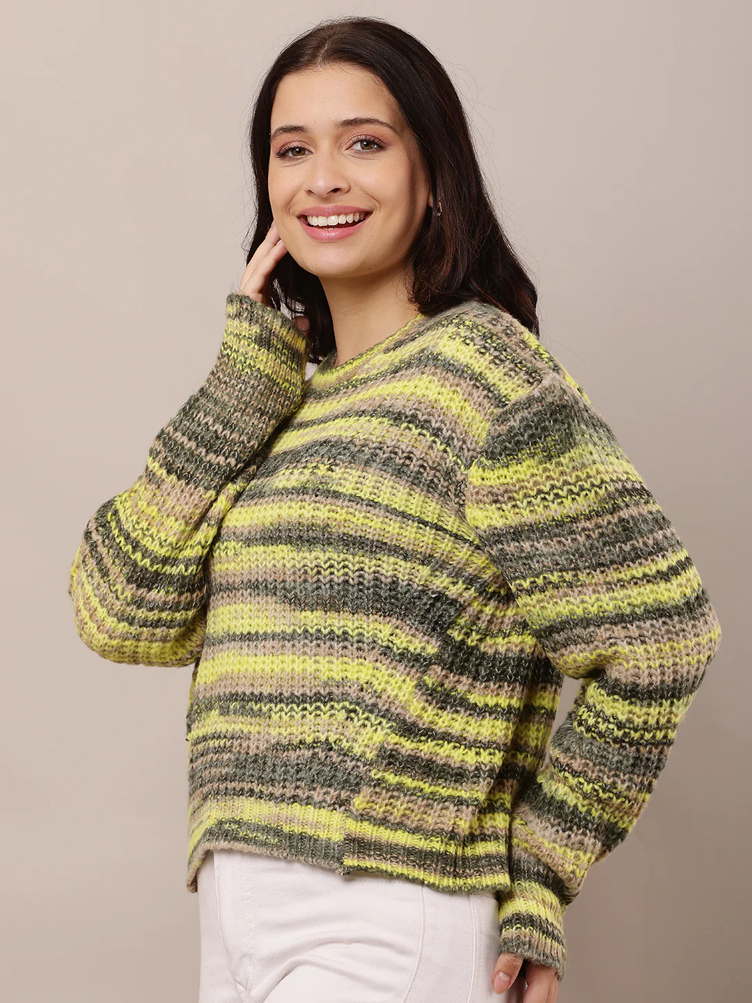 Women Yellow Round Neck Wool Sweater - Image 2