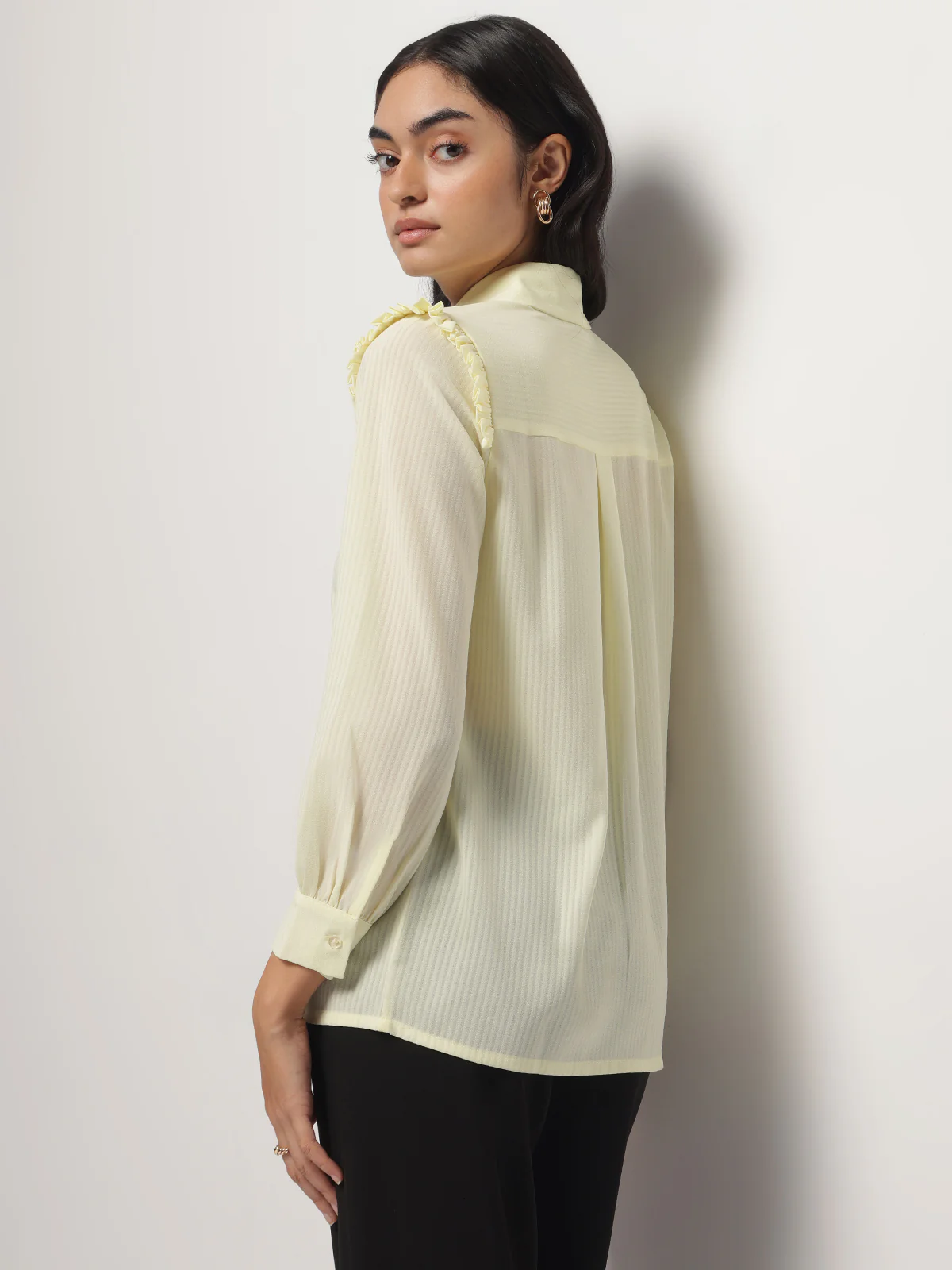 Women Yellow Ruffle Shoulder Semi Sheer Shirt - Image 2