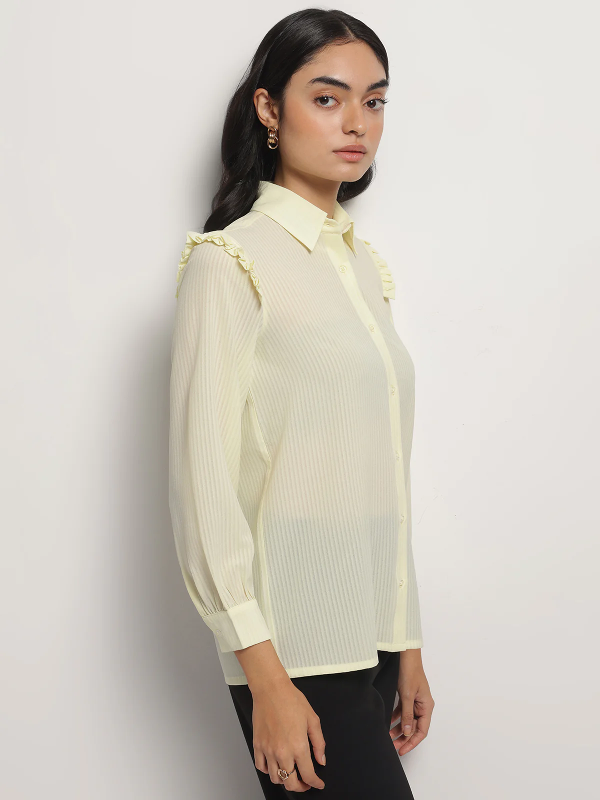 Women Yellow Ruffle Shoulder Semi Sheer Shirt - Image 3