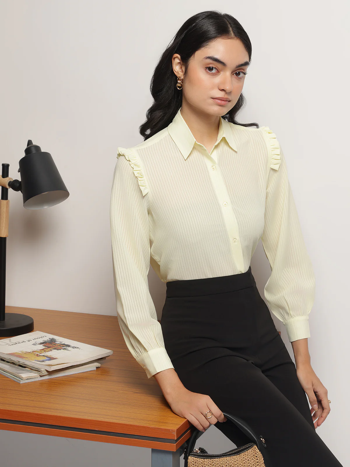 Women Yellow Ruffle Shoulder Semi Sheer Shirt - Image 5