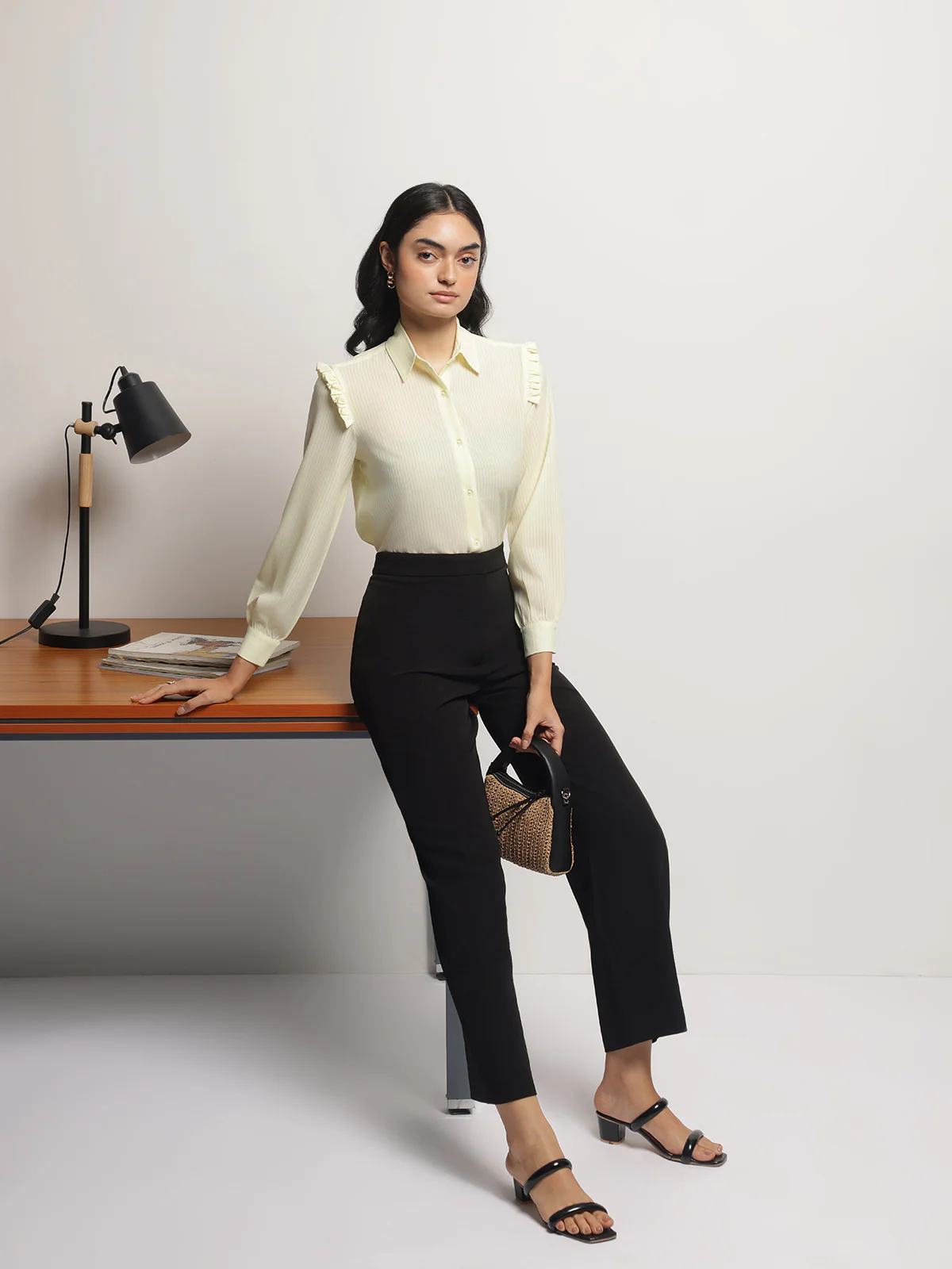Women Yellow Ruffle Shoulder Semi Sheer Shirt - Image 6