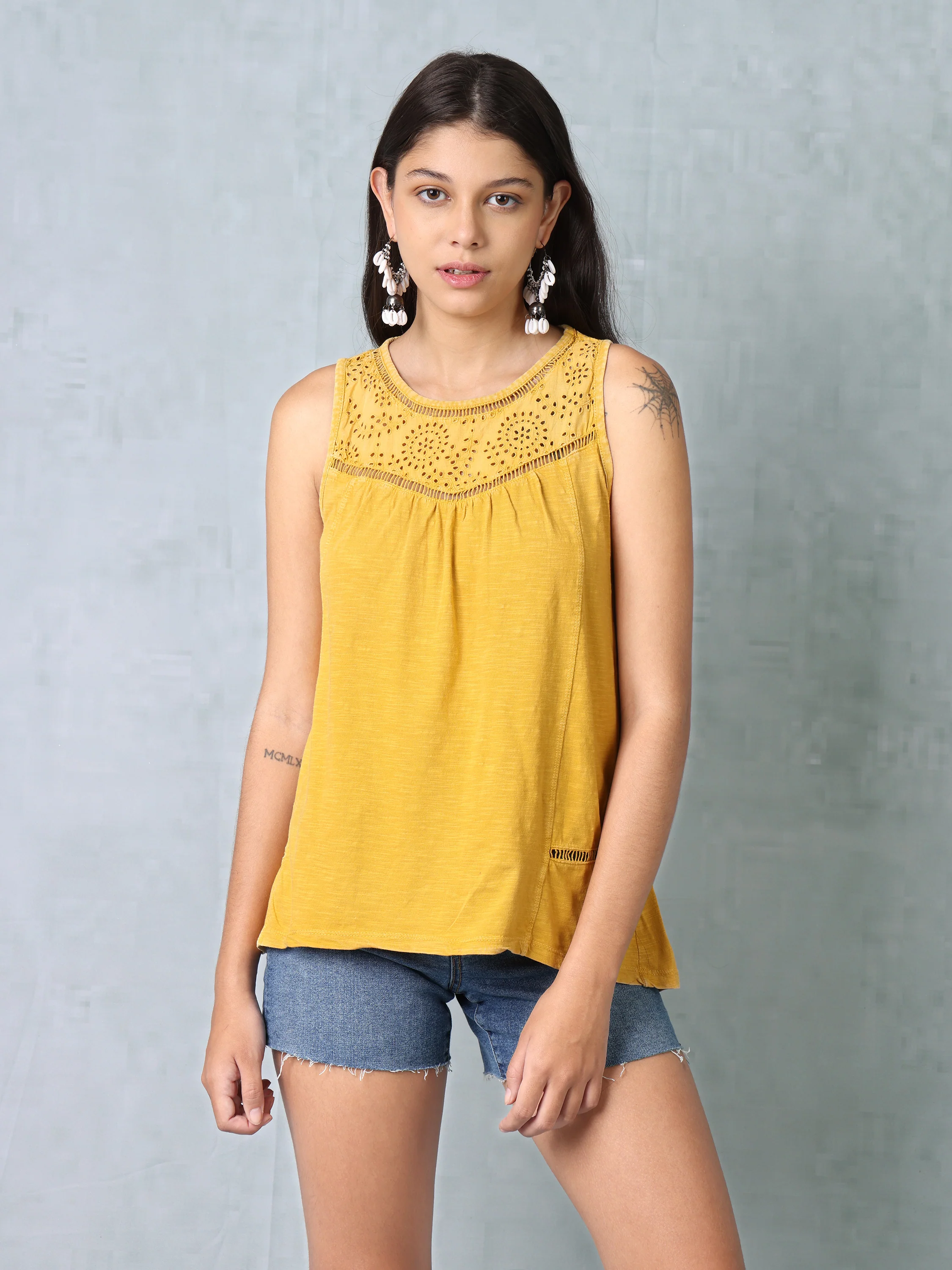 Women Yellow Schiffli Top - Image 2