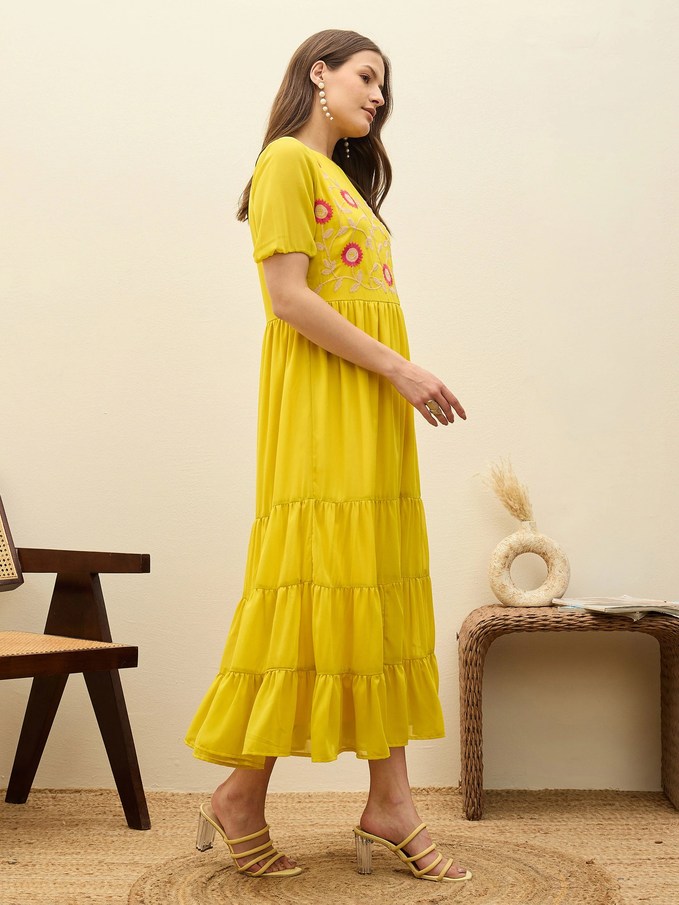 Women Yellow Solid Tiered Maxi Dress - Image 3