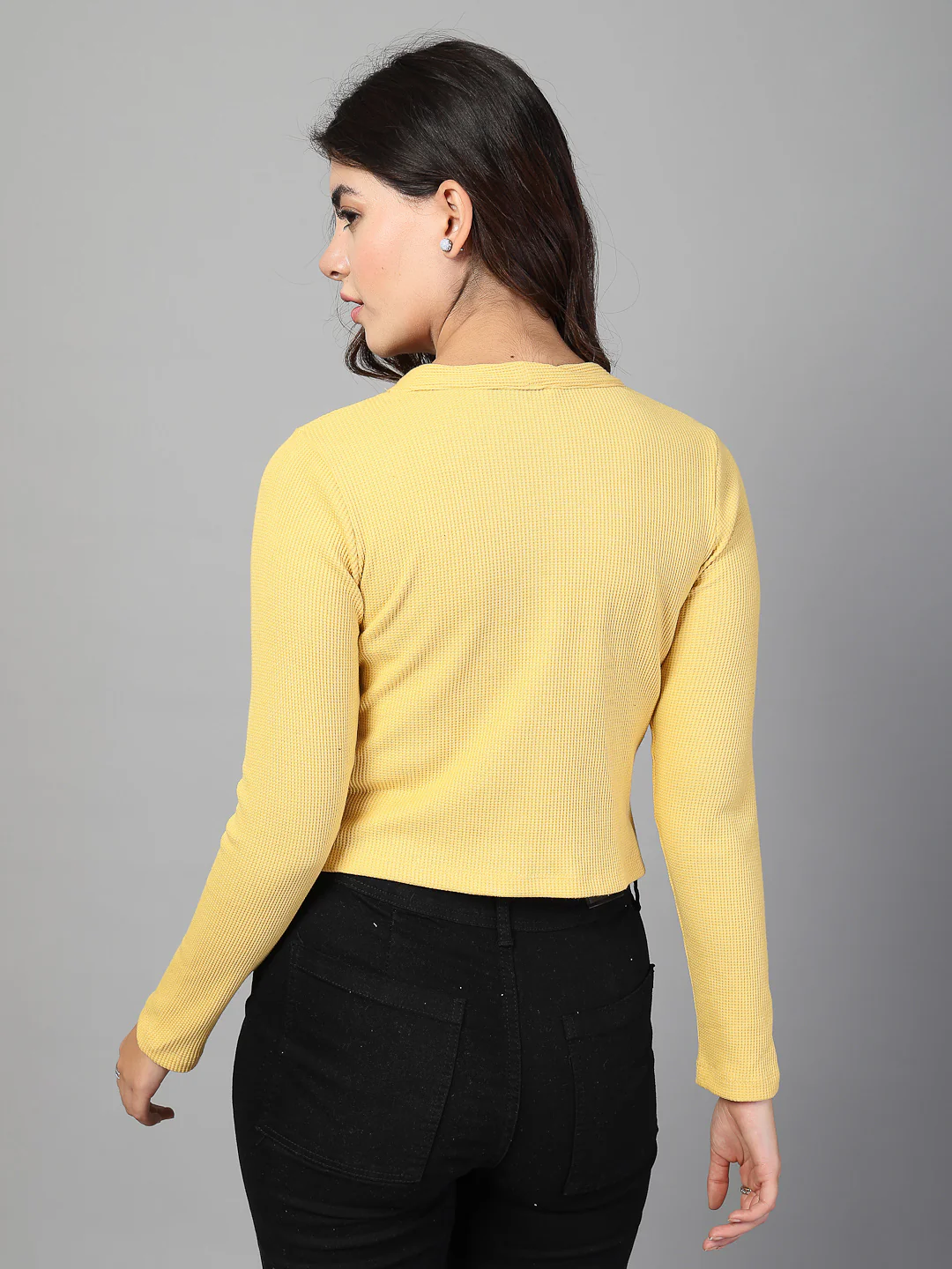 Women Yellow Waffle Crop Top - Image 2