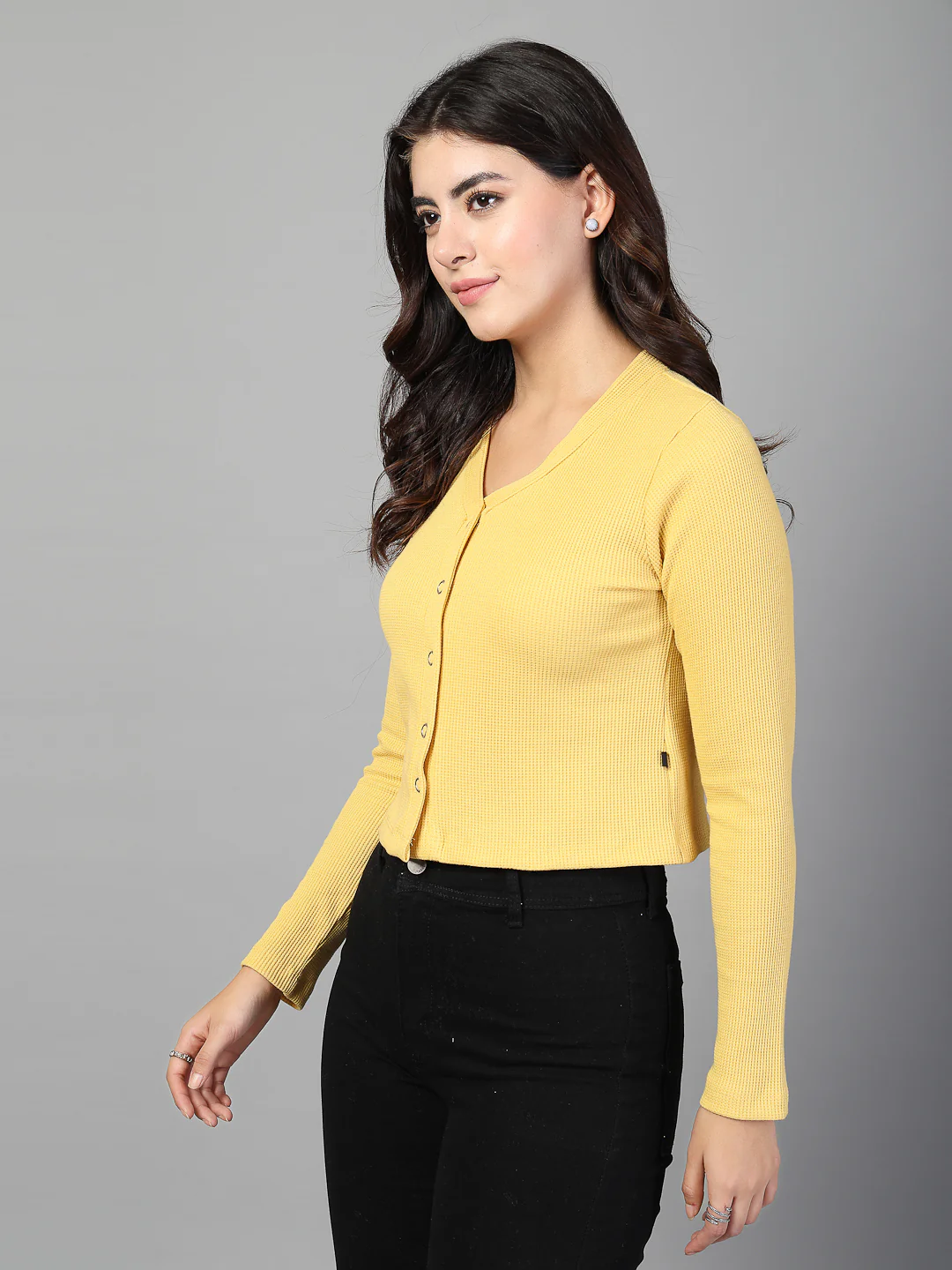 Women Yellow Waffle Crop Top - Image 4