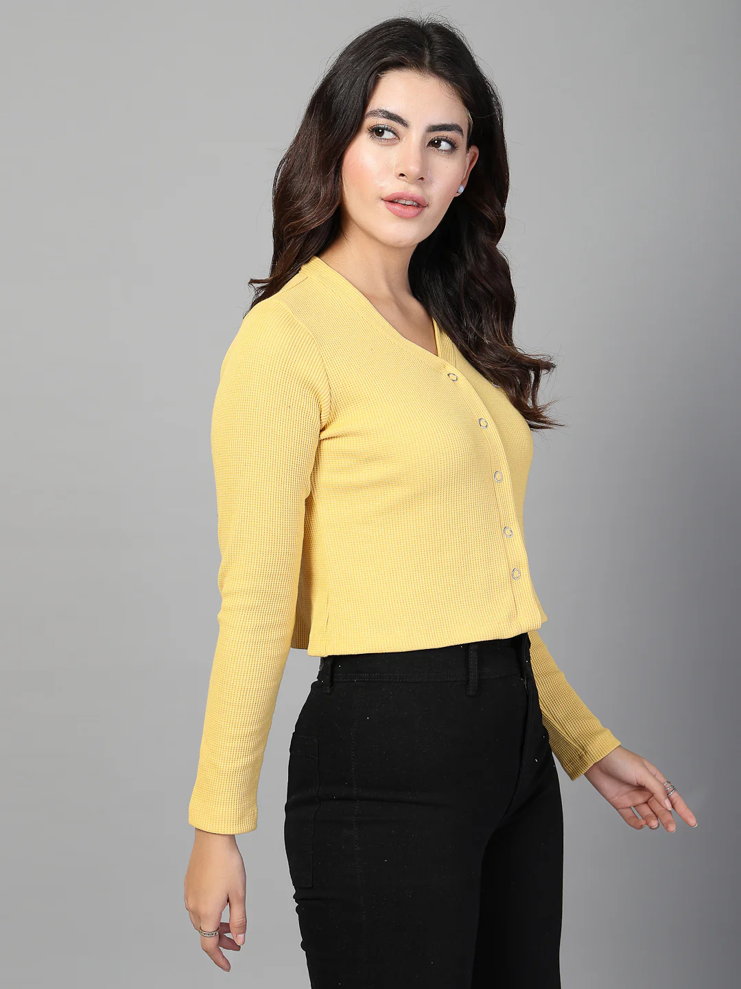 Women Yellow Waffle Crop Top - Image 5