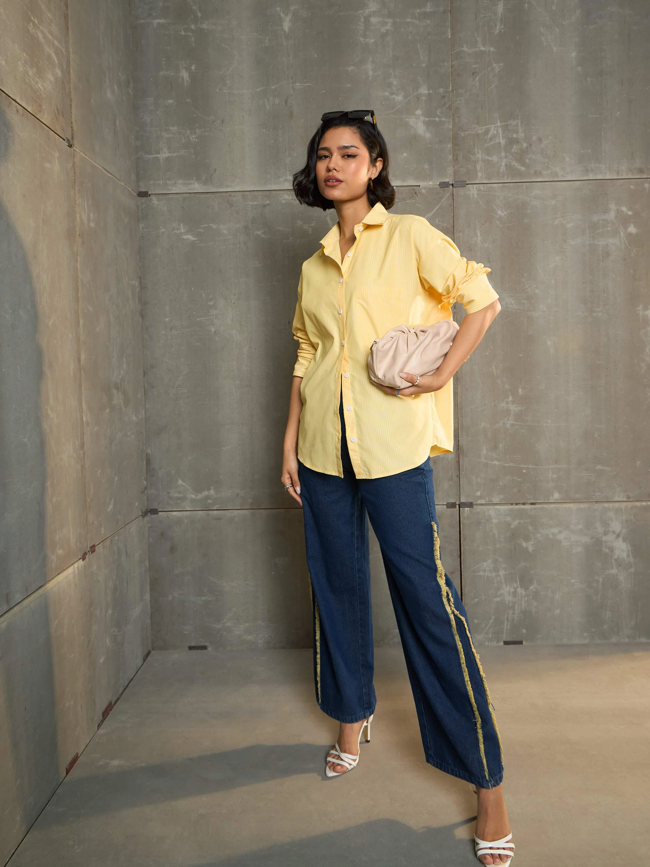 Women Yellow & White Striped Oversized Shirt - Image 2