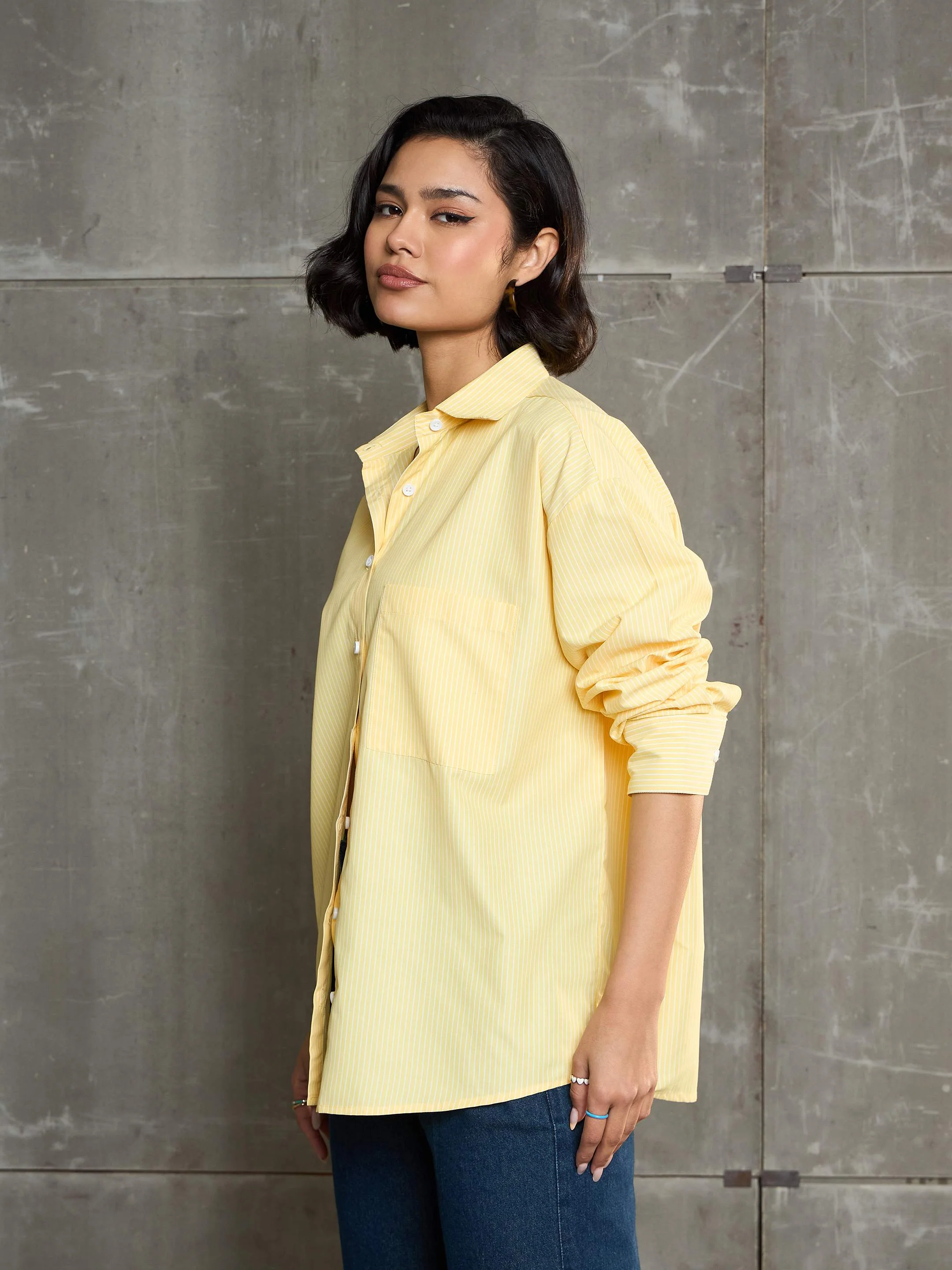 Women Yellow & White Striped Oversized Shirt - Image 3