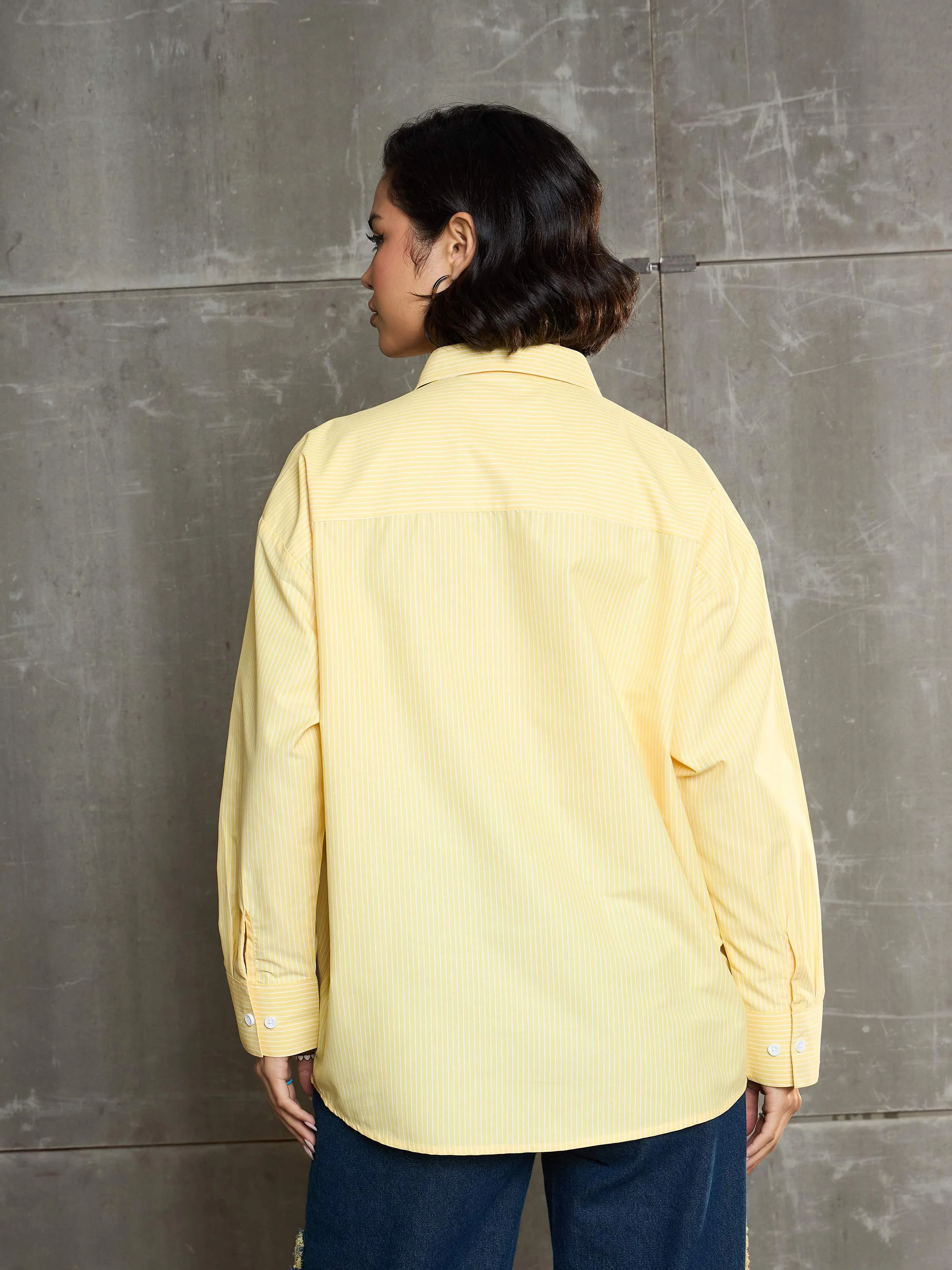 Women Yellow & White Striped Oversized Shirt - Image 5