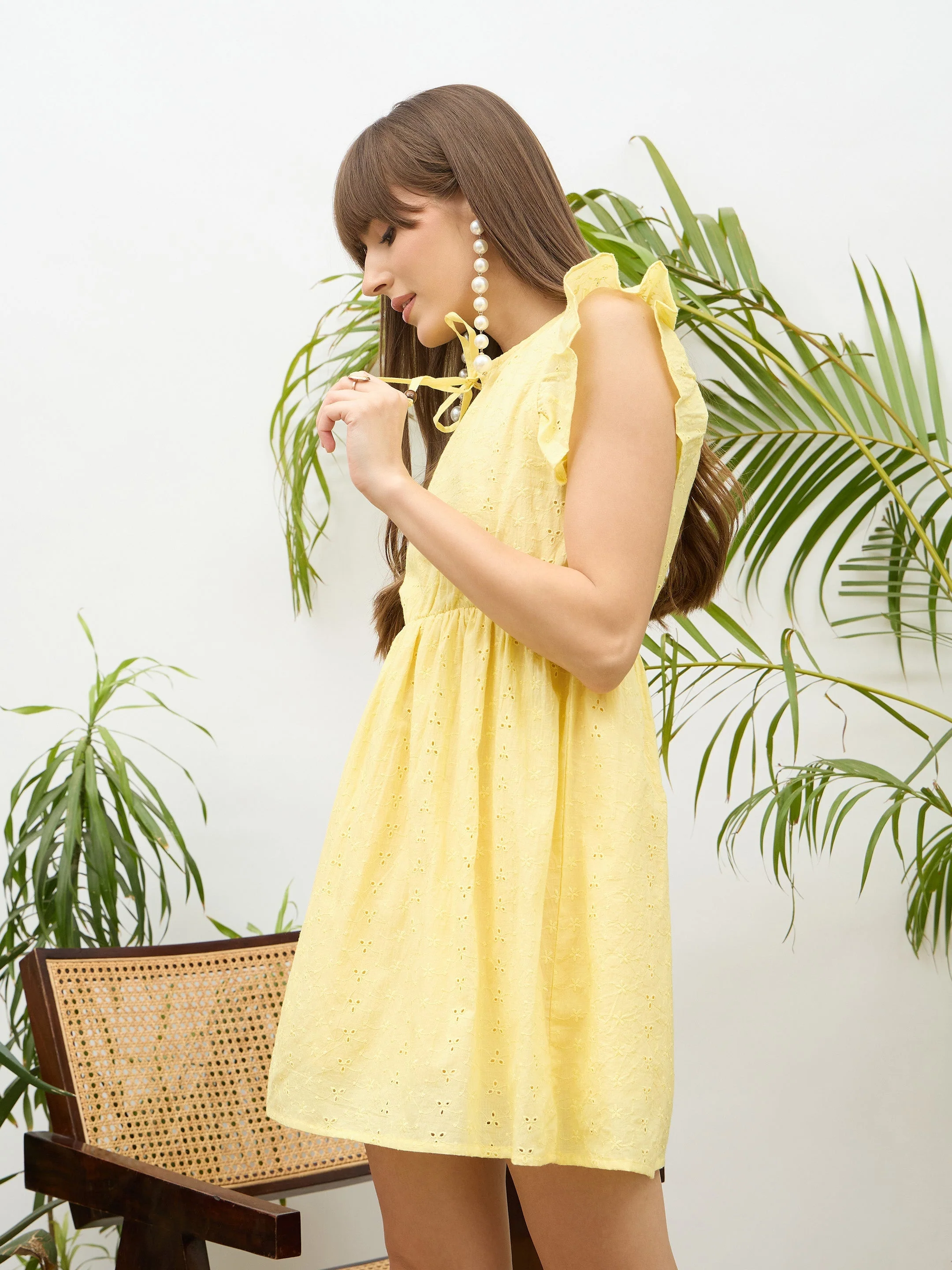 Women Yelow Schiffli Frill Sleeves Short Dress - Image 3