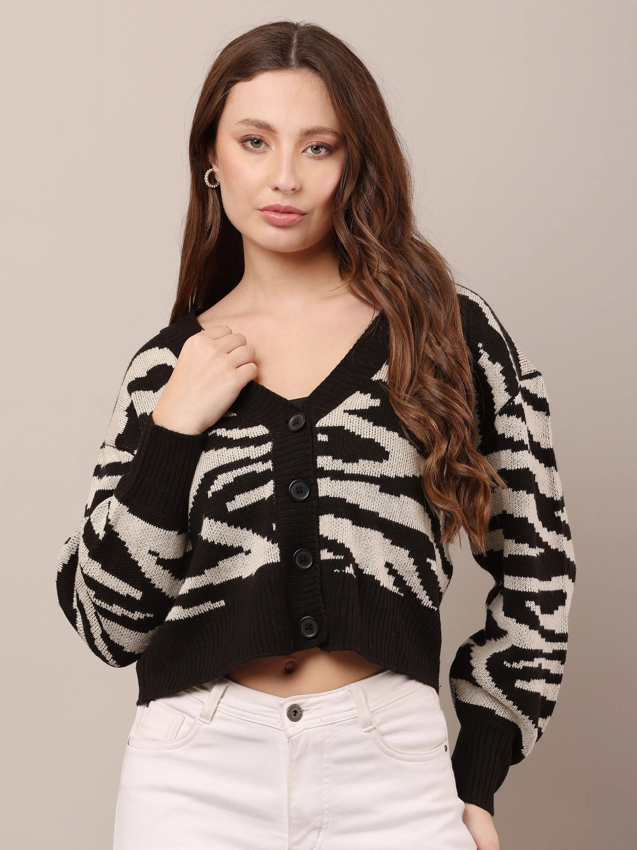 Women Zebra Striped Drop Shoulder Cardigan - Image 2