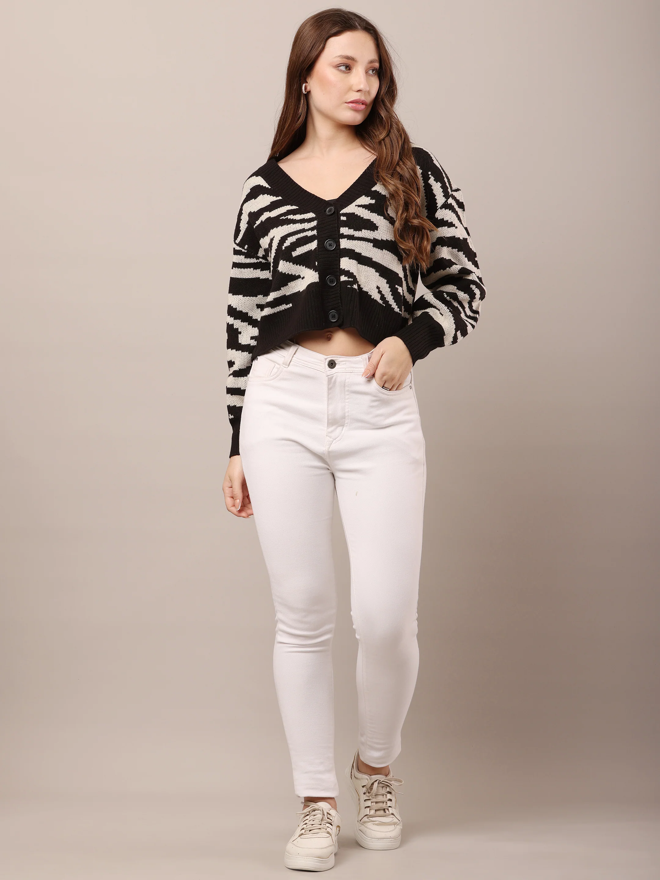 Women Zebra Striped Drop Shoulder Cardigan - Image 3