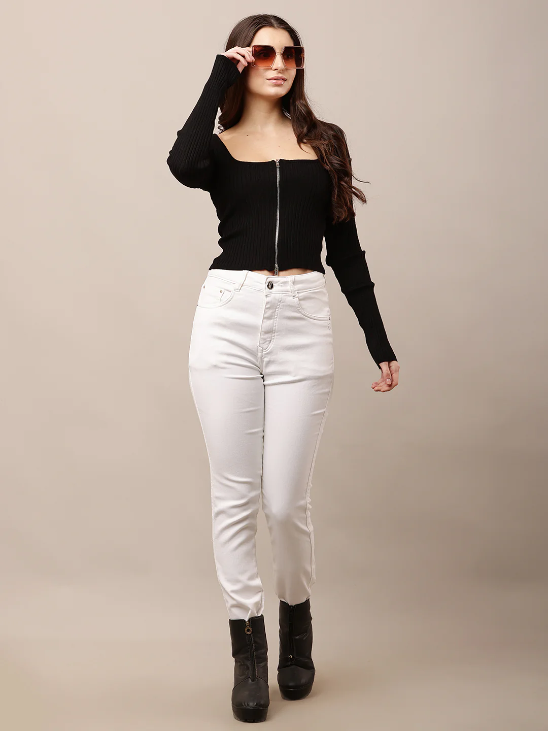 Women Zipper Black Square Neck Full Sleeve Sweater - Image 3