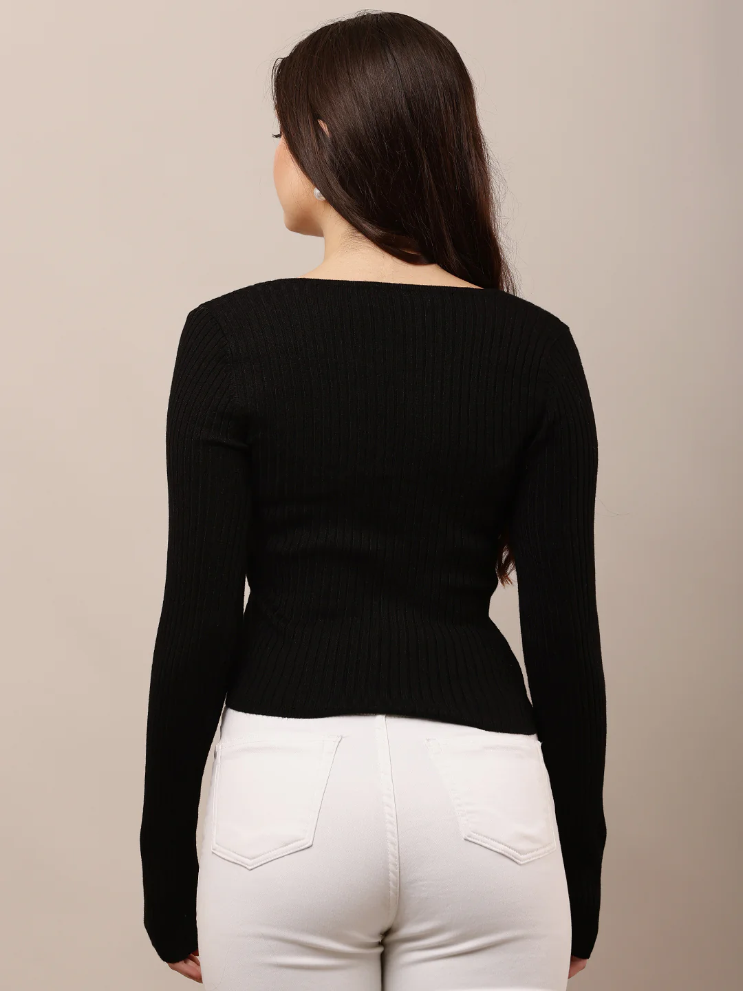 Women Zipper Black Square Neck Full Sleeve Sweater - Image 4