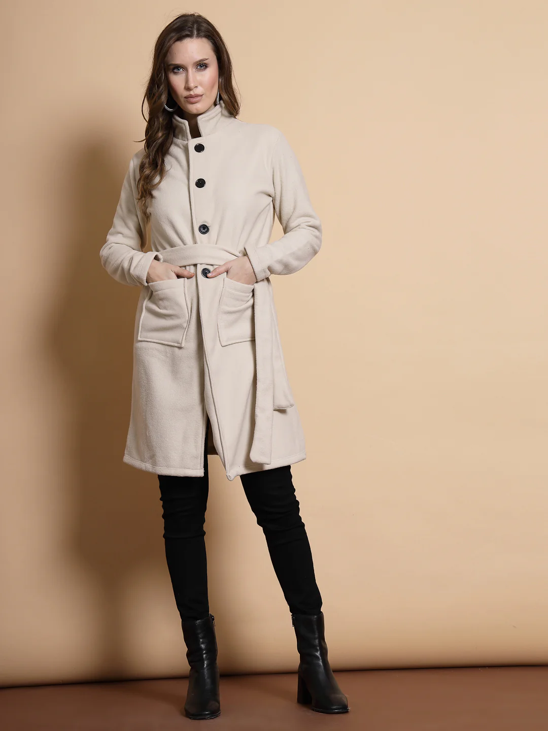 Women Beige Polar Fleece Overcoat - Image 2