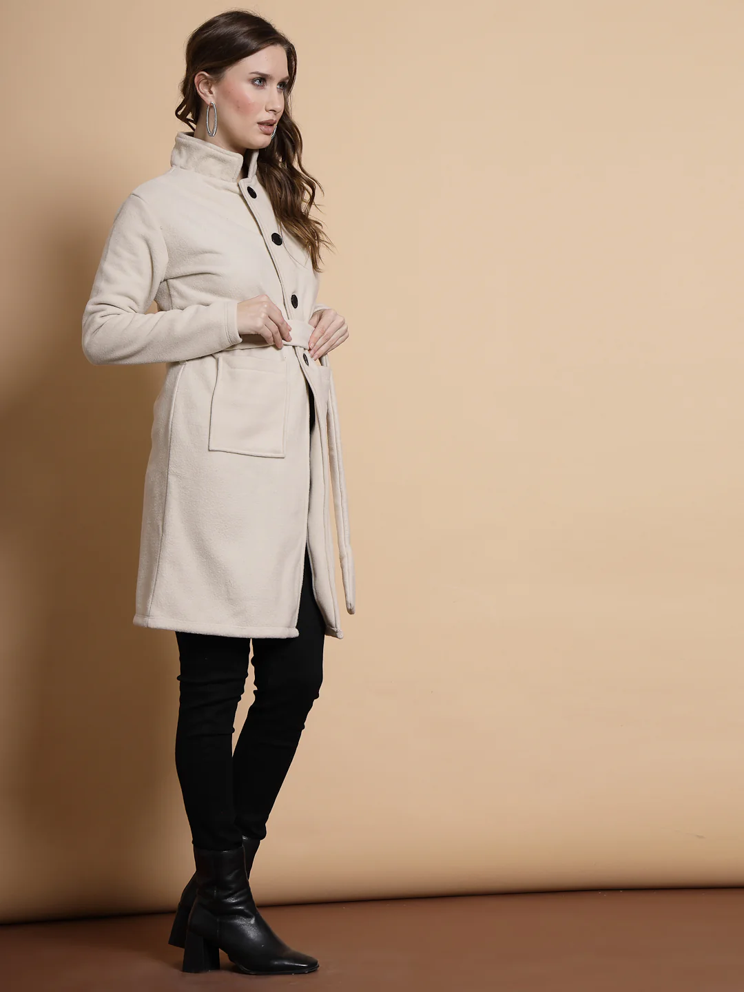 Women Beige Polar Fleece Overcoat - Image 3