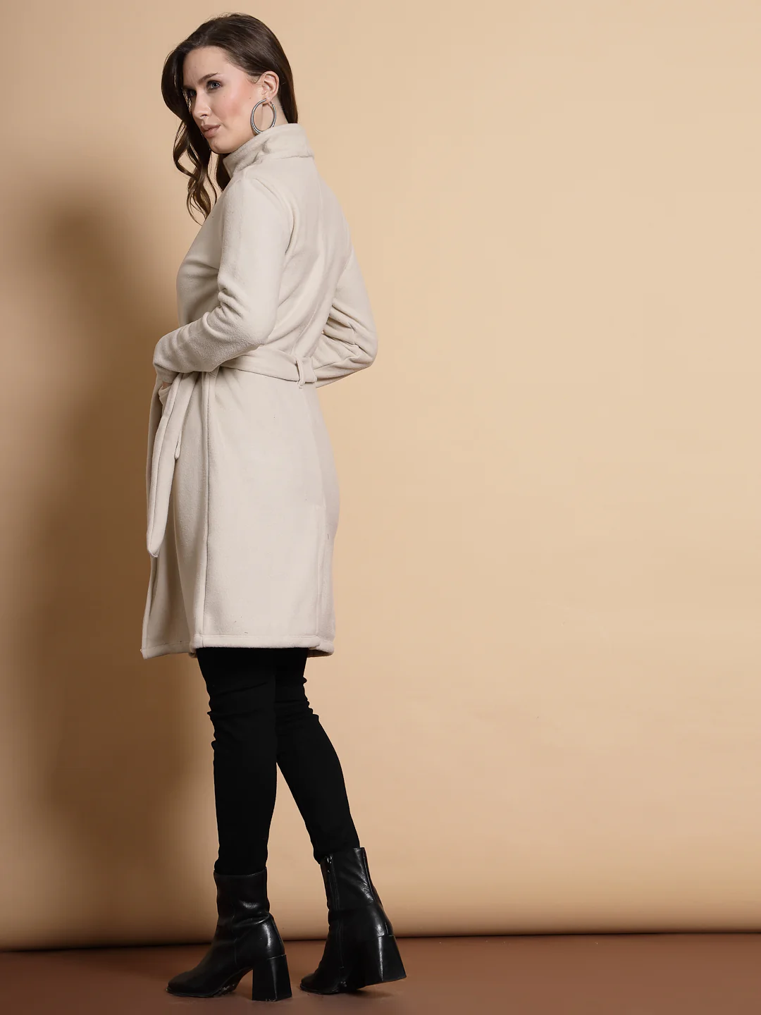 Women Beige Polar Fleece Overcoat - Image 4