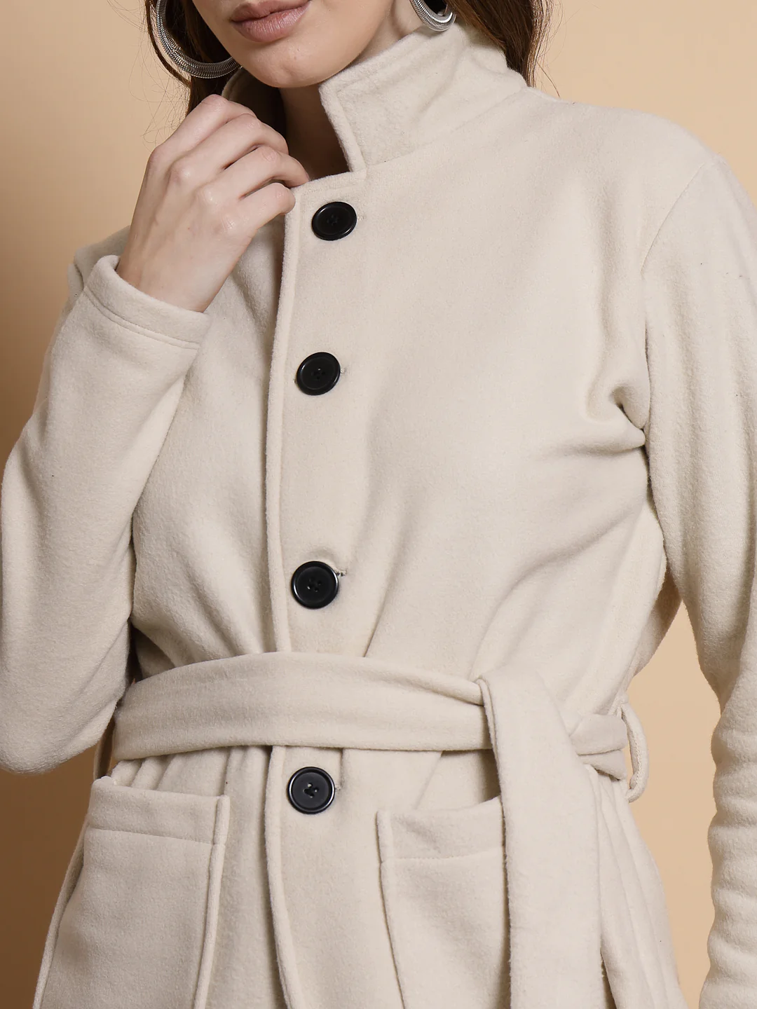 Women Beige Polar Fleece Overcoat - Image 5