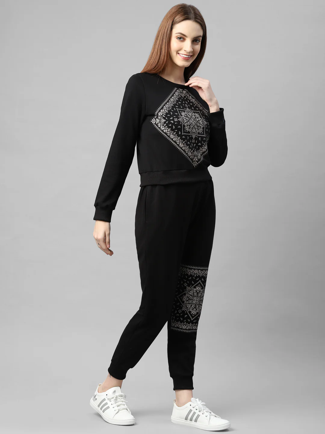 Women Black Printed Round Neck Terry Track Suit - Image 3